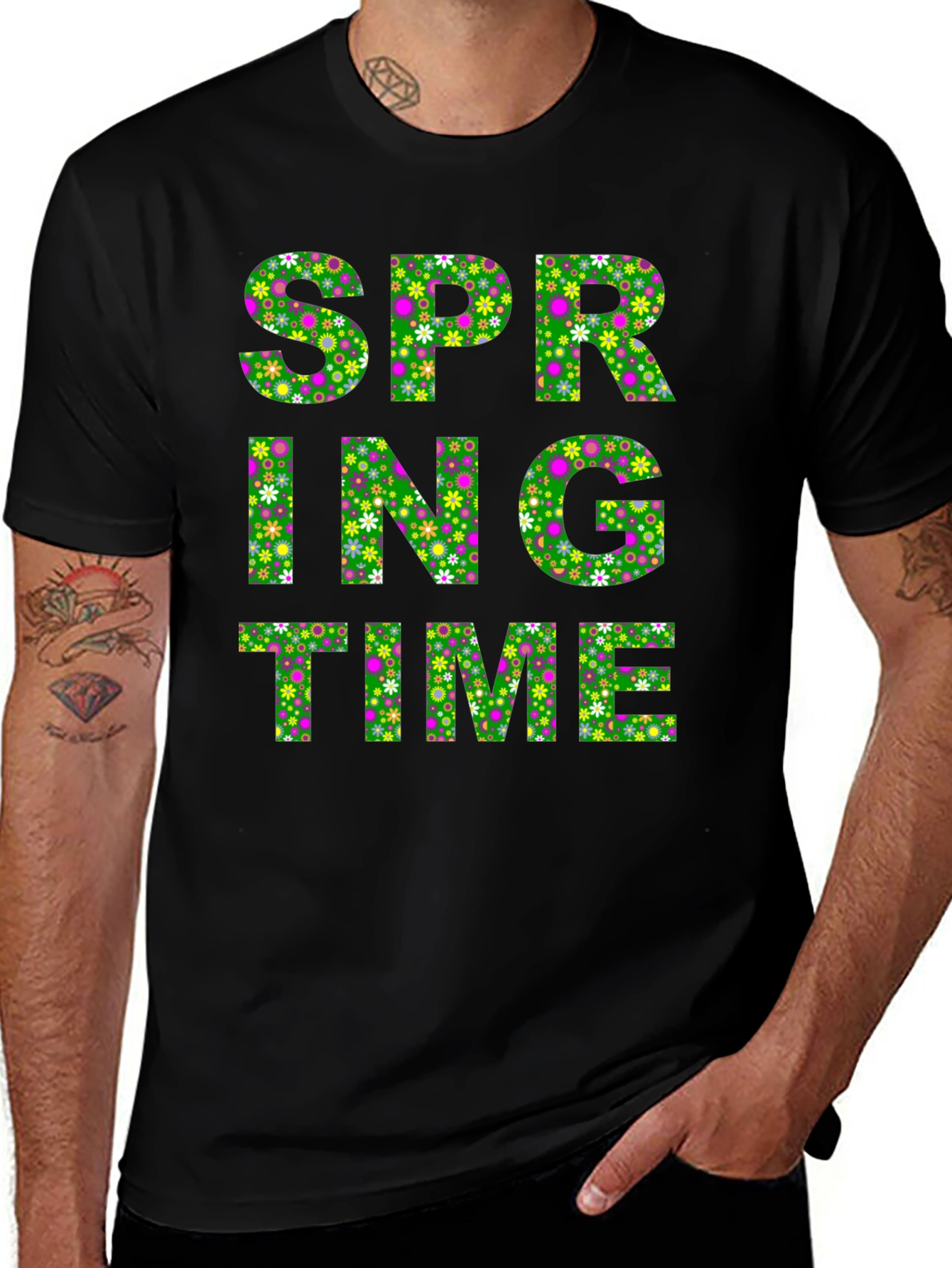 Spring Time Floral Print Mens Black T-Shirt