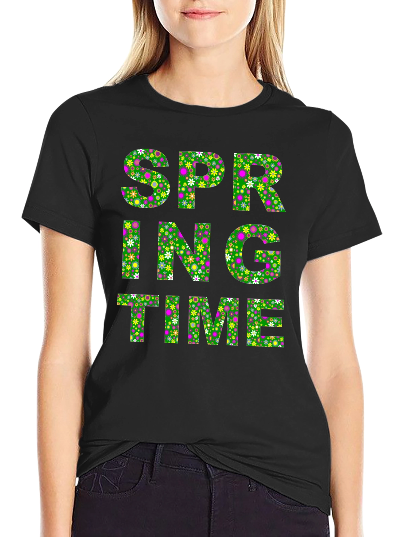 Spring Time Floral Print Mens Black T-Shirt
