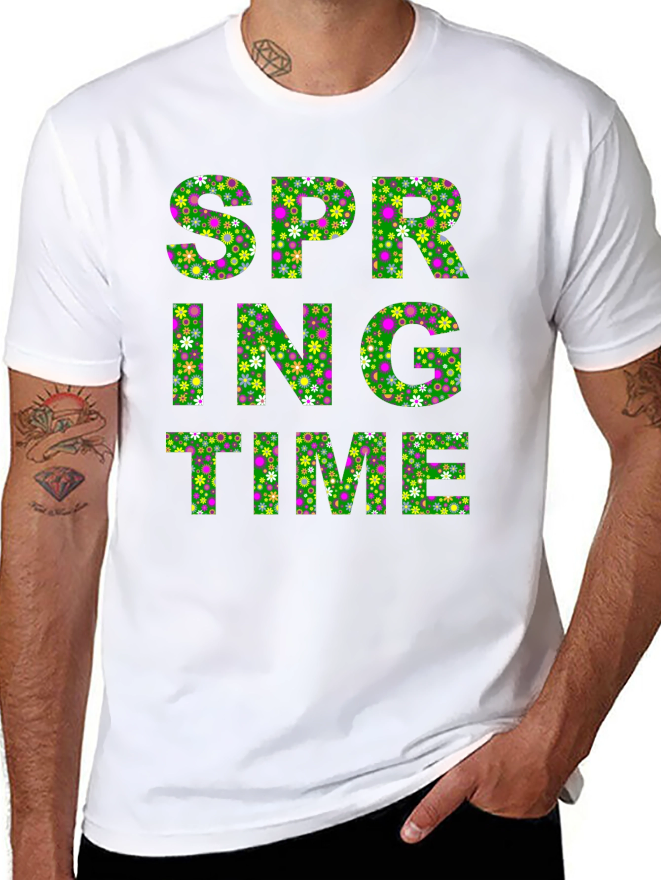Spring Time Floral Print Mens Black T-Shirt