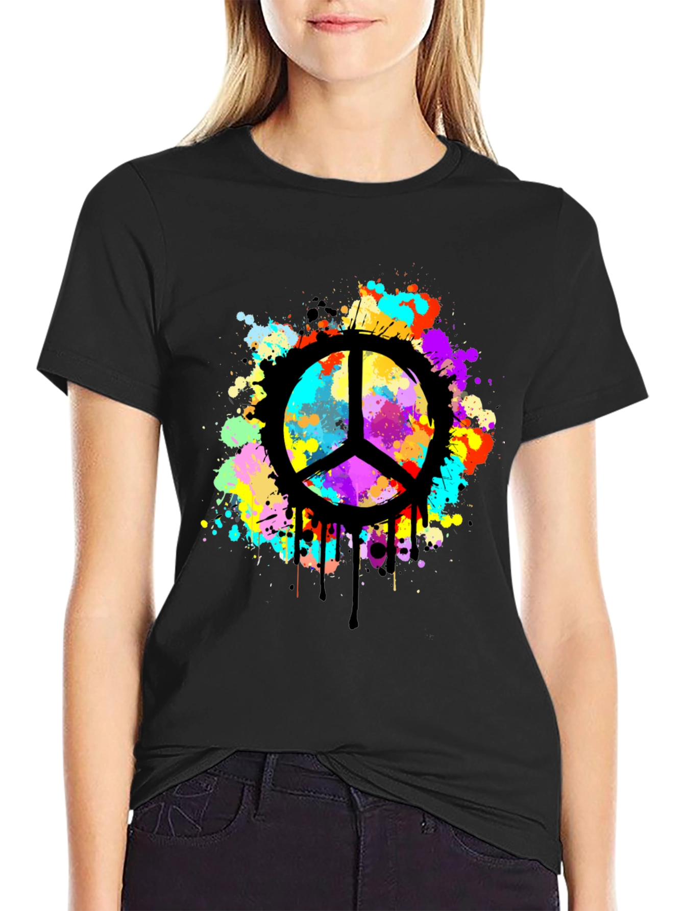 Peace Sign Splatter Graphic Black T-Shirt
