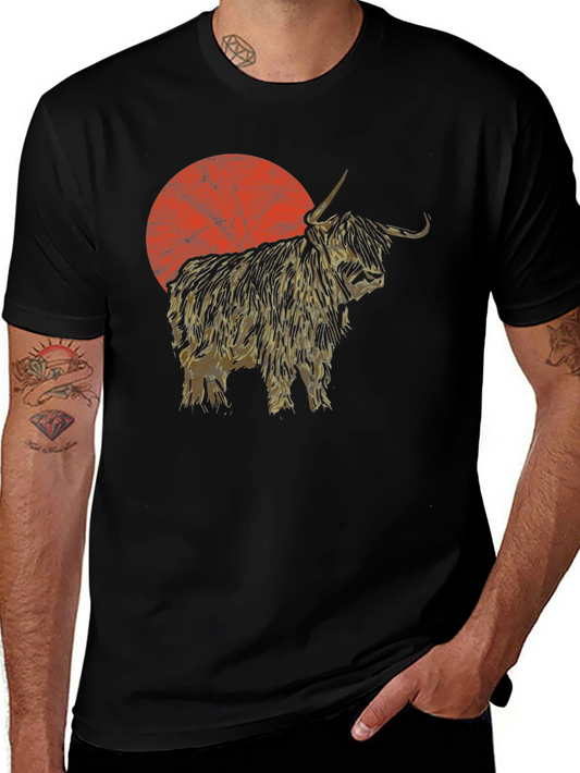 Highland Cow Sunset Graphic Tee - Black Cotton T-Shirt