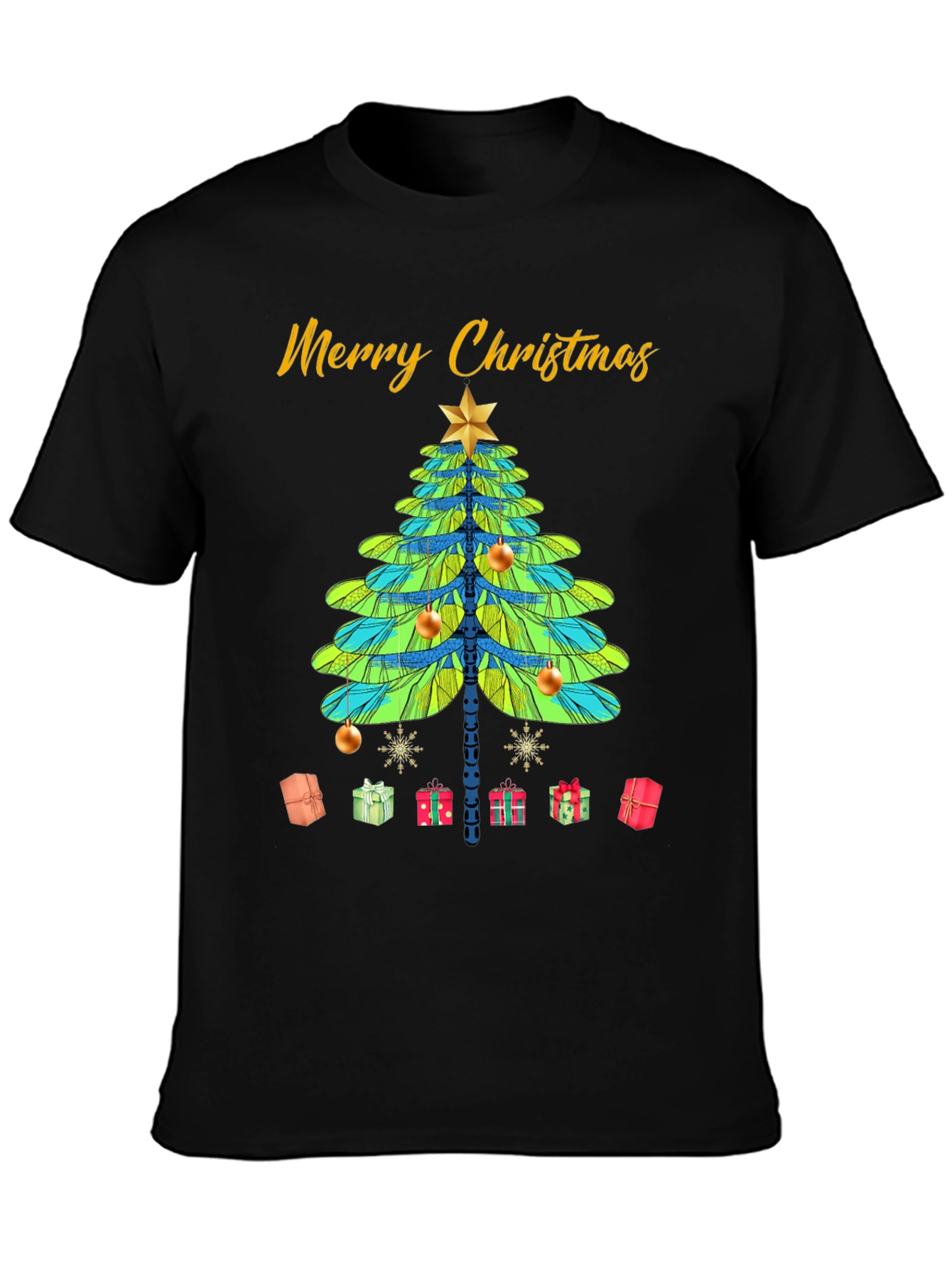Merry Christmas T-Shirt with Dragonfly Christmas Tree