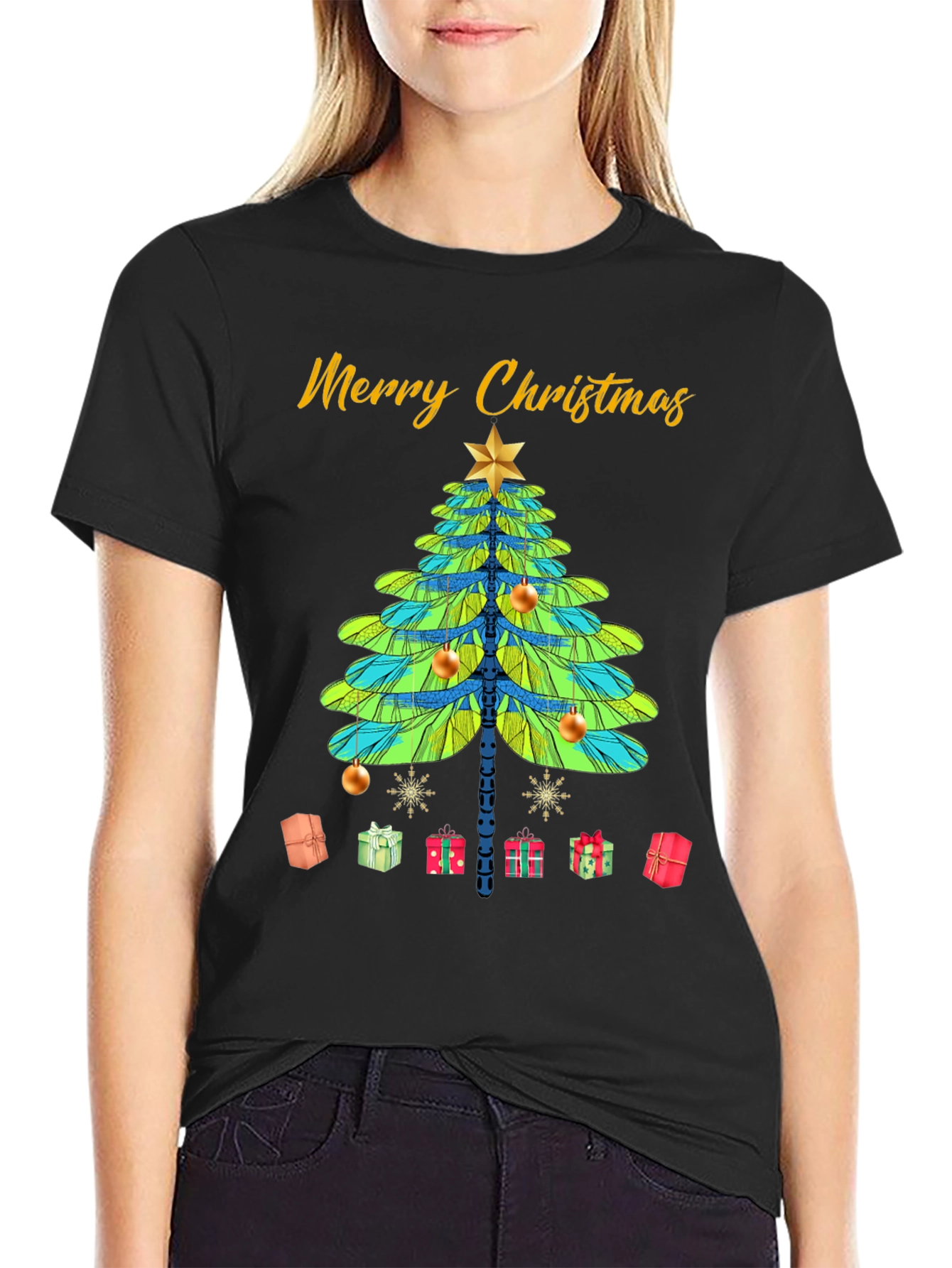 Merry Christmas T-Shirt with Dragonfly Christmas Tree