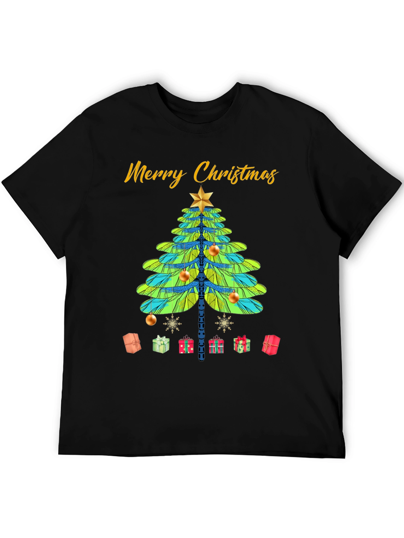 Merry Christmas T-Shirt with Dragonfly Christmas Tree