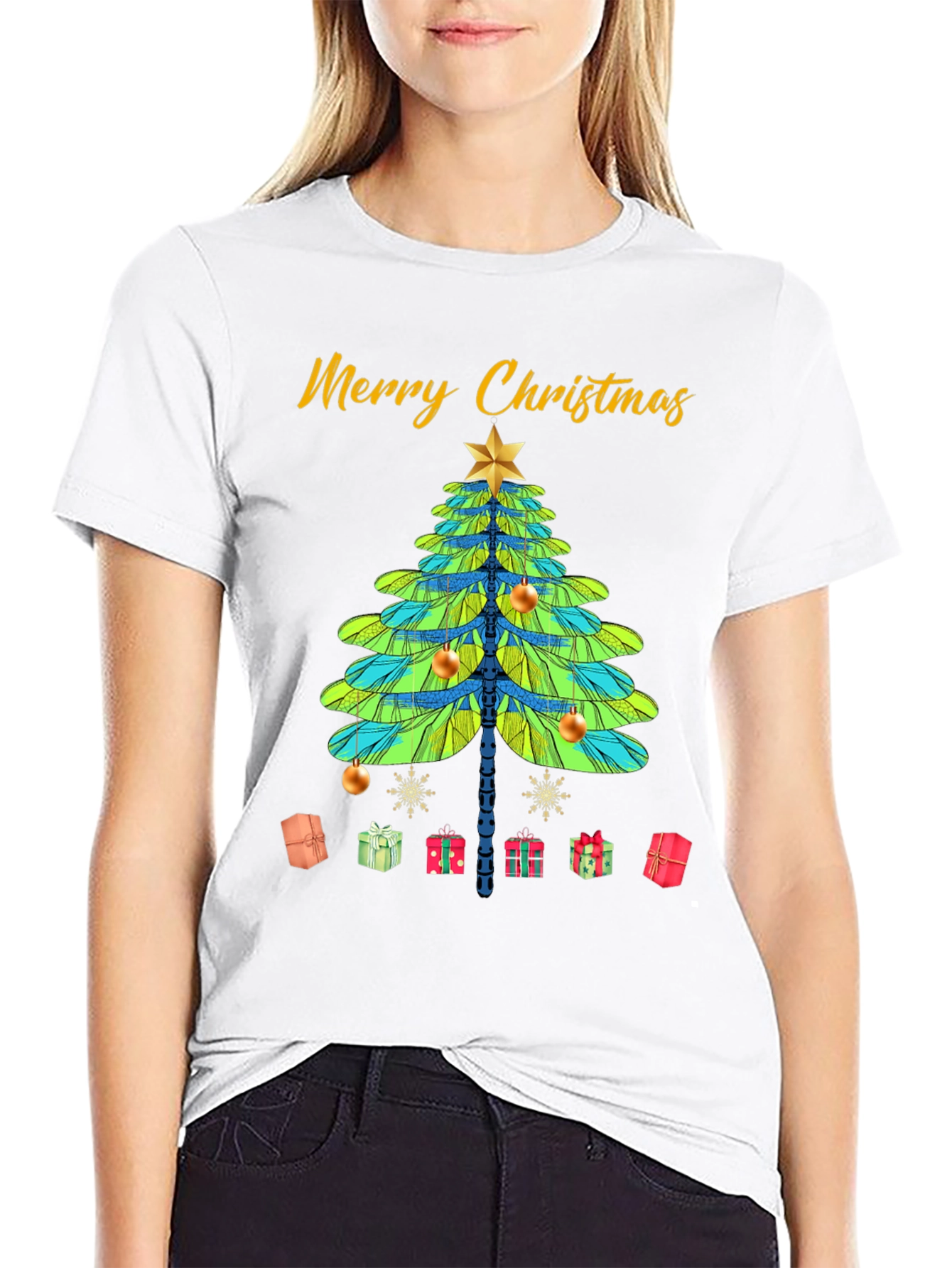 Merry Christmas T-Shirt with Dragonfly Christmas Tree