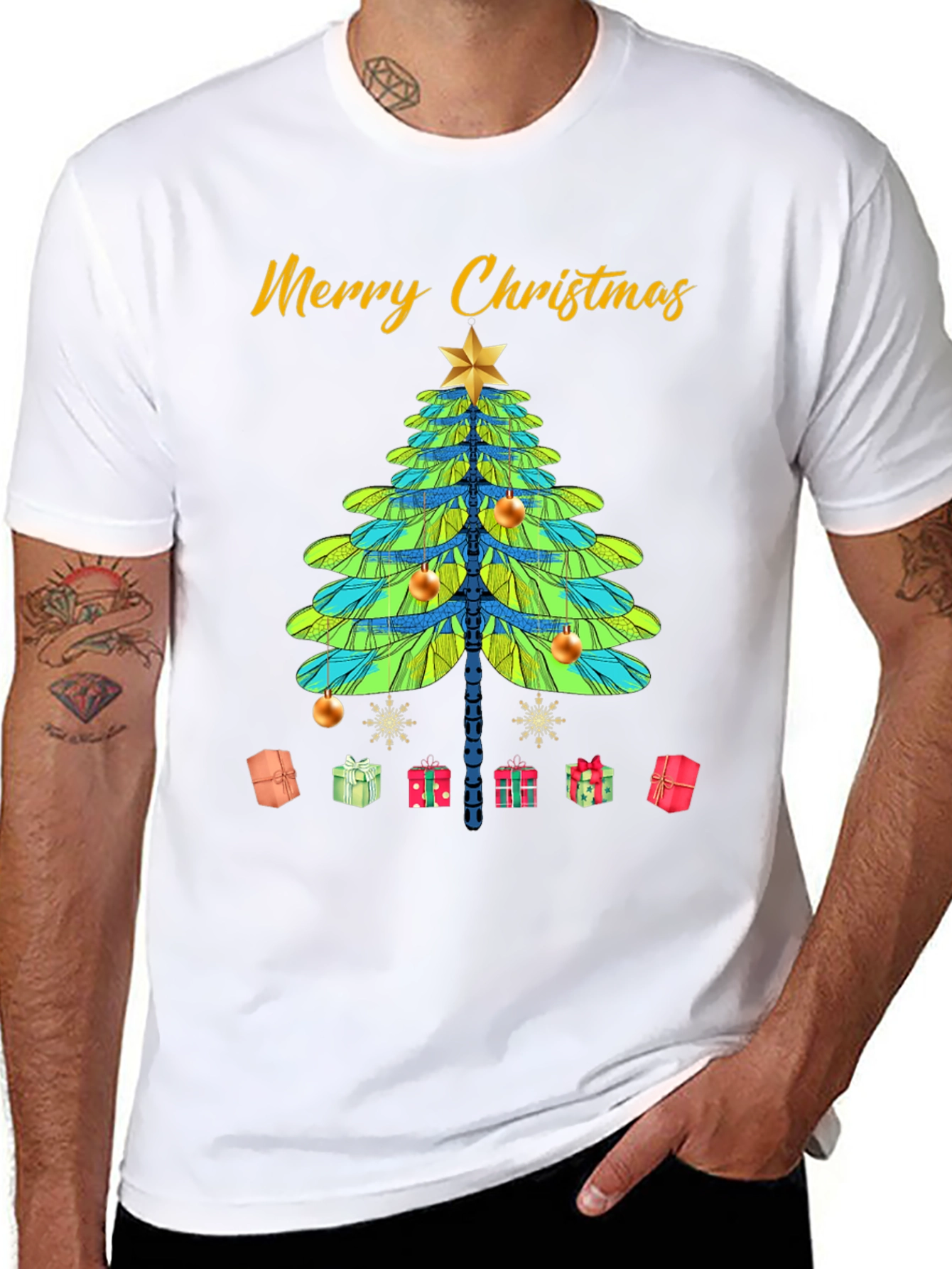 Merry Christmas T-Shirt with Dragonfly Christmas Tree