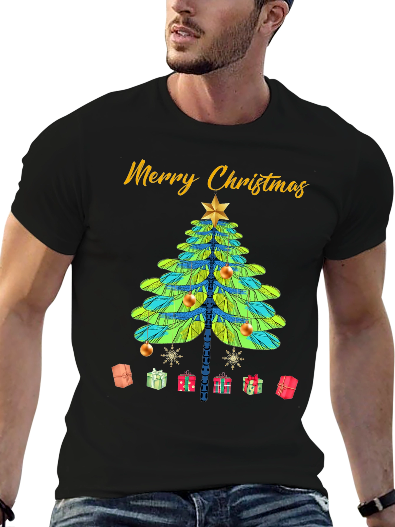 Merry Christmas T-Shirt with Dragonfly Christmas Tree