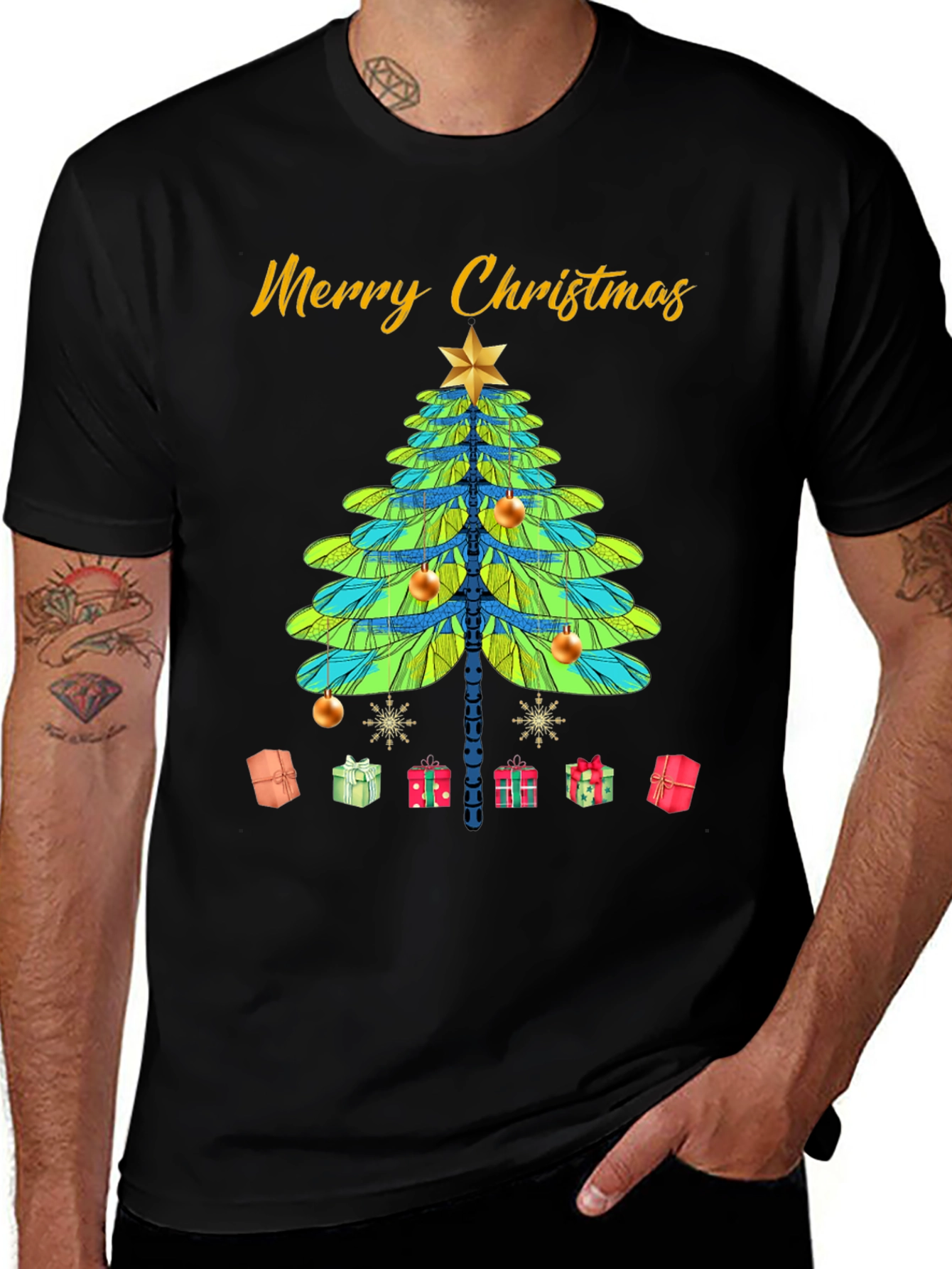 Merry Christmas T-Shirt with Dragonfly Christmas Tree