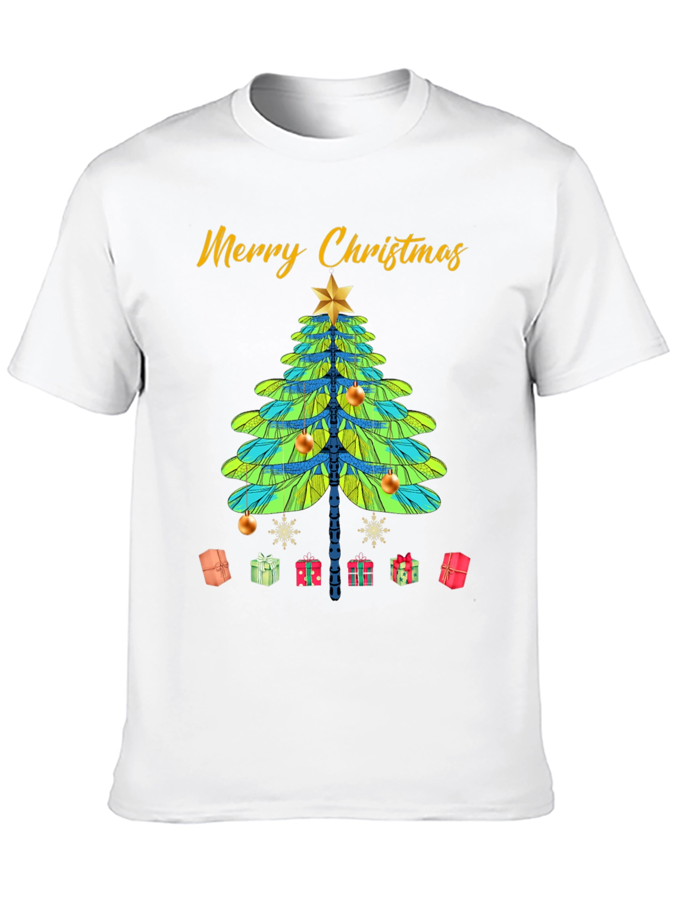 Merry Christmas T-Shirt with Dragonfly Christmas Tree