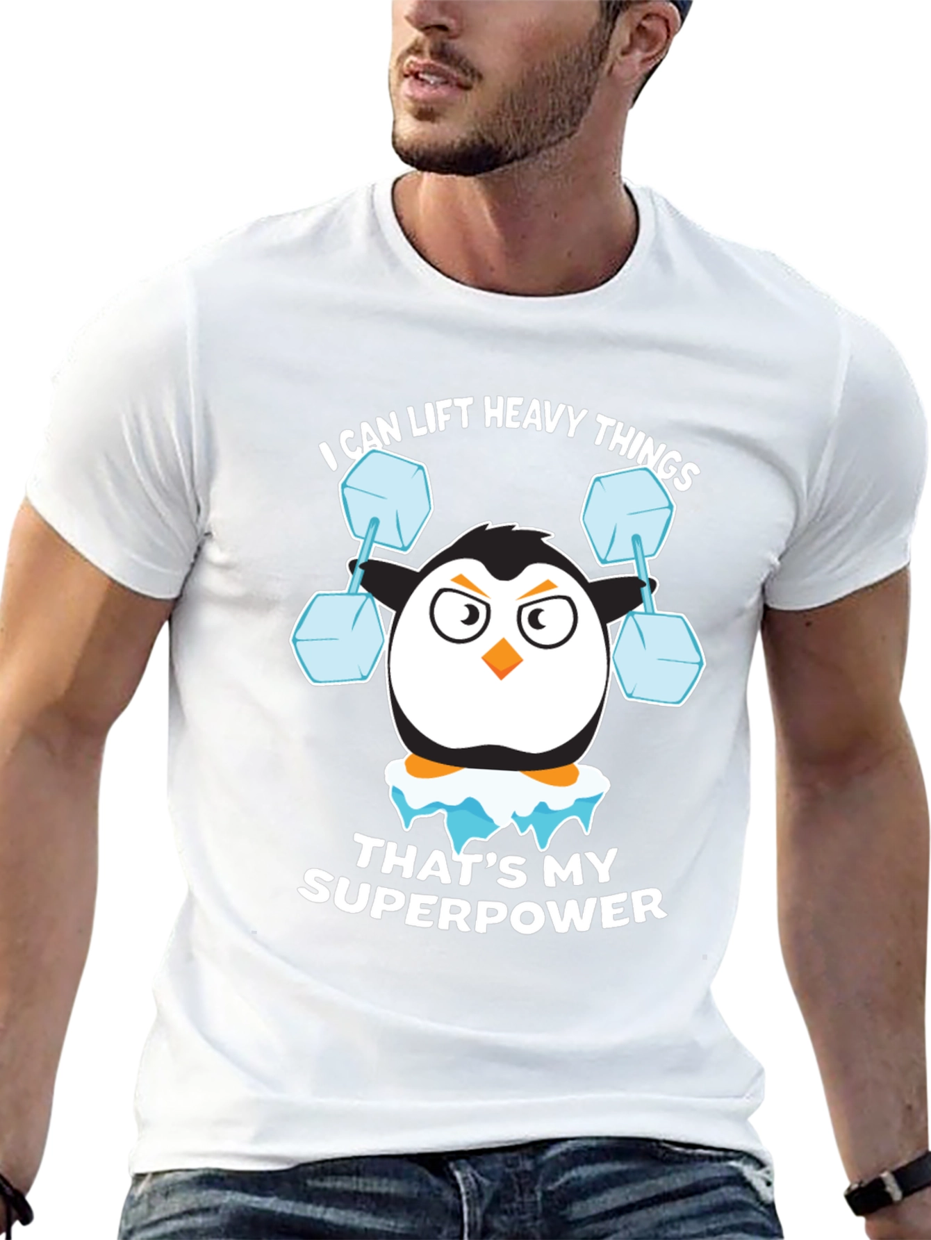 Penguin Lifting Weights Funny T-Shirt