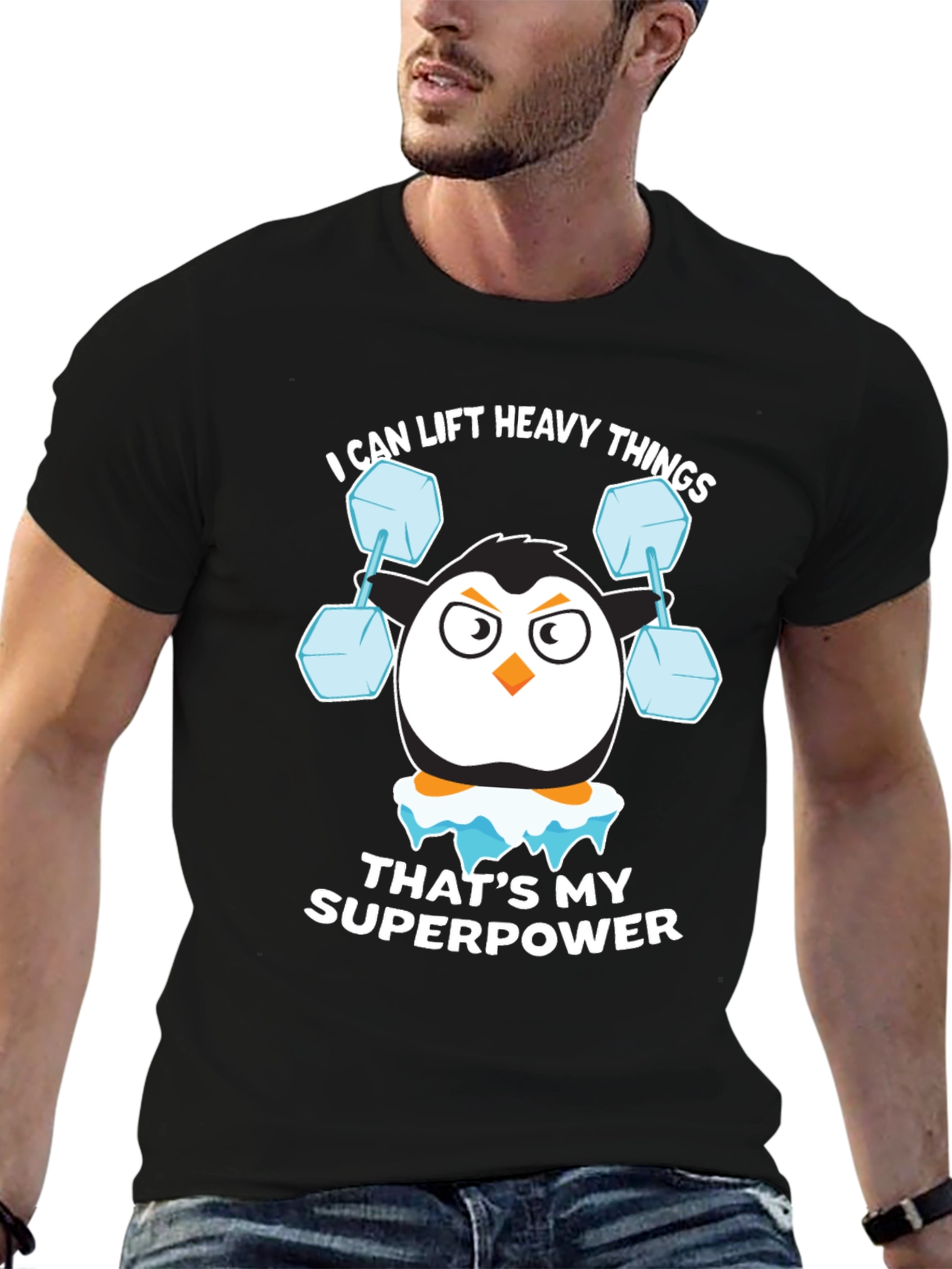 Penguin Lifting Weights Funny T-Shirt