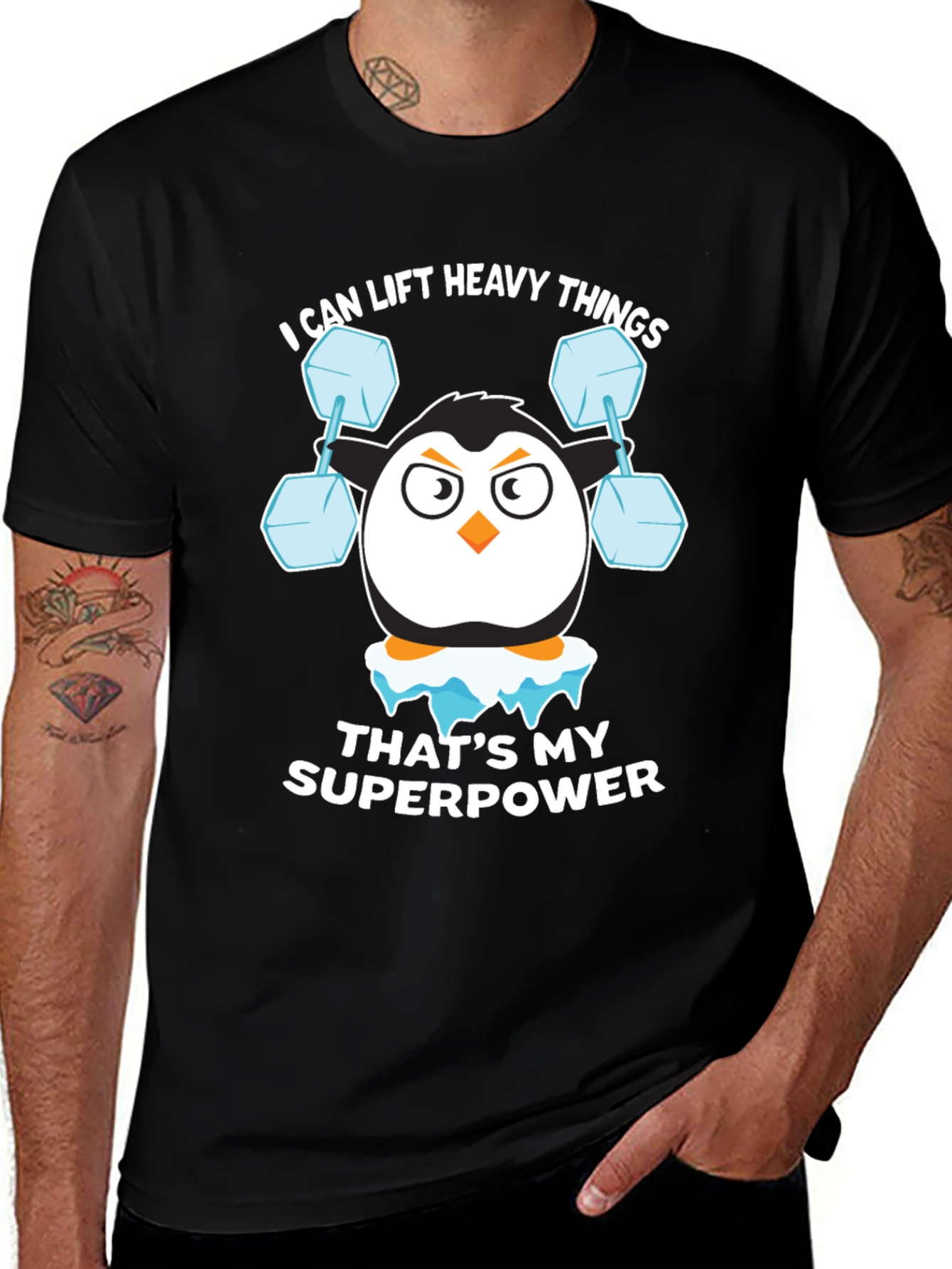 Penguin Lifting Weights Funny T-Shirt