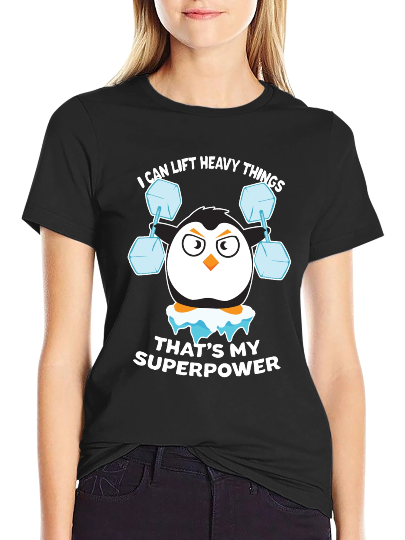 Penguin Lifting Weights Funny T-Shirt