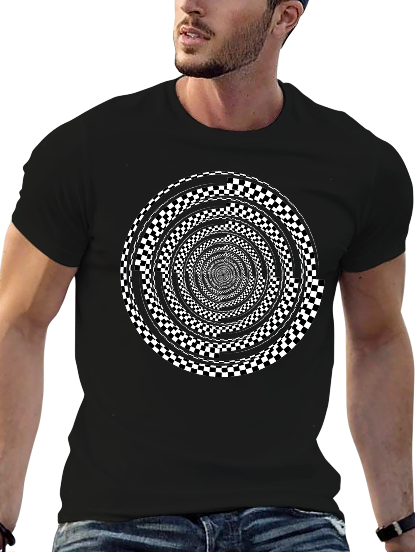Hypnotic Spiral Graphic Tee - Black Cotton Crew Neck