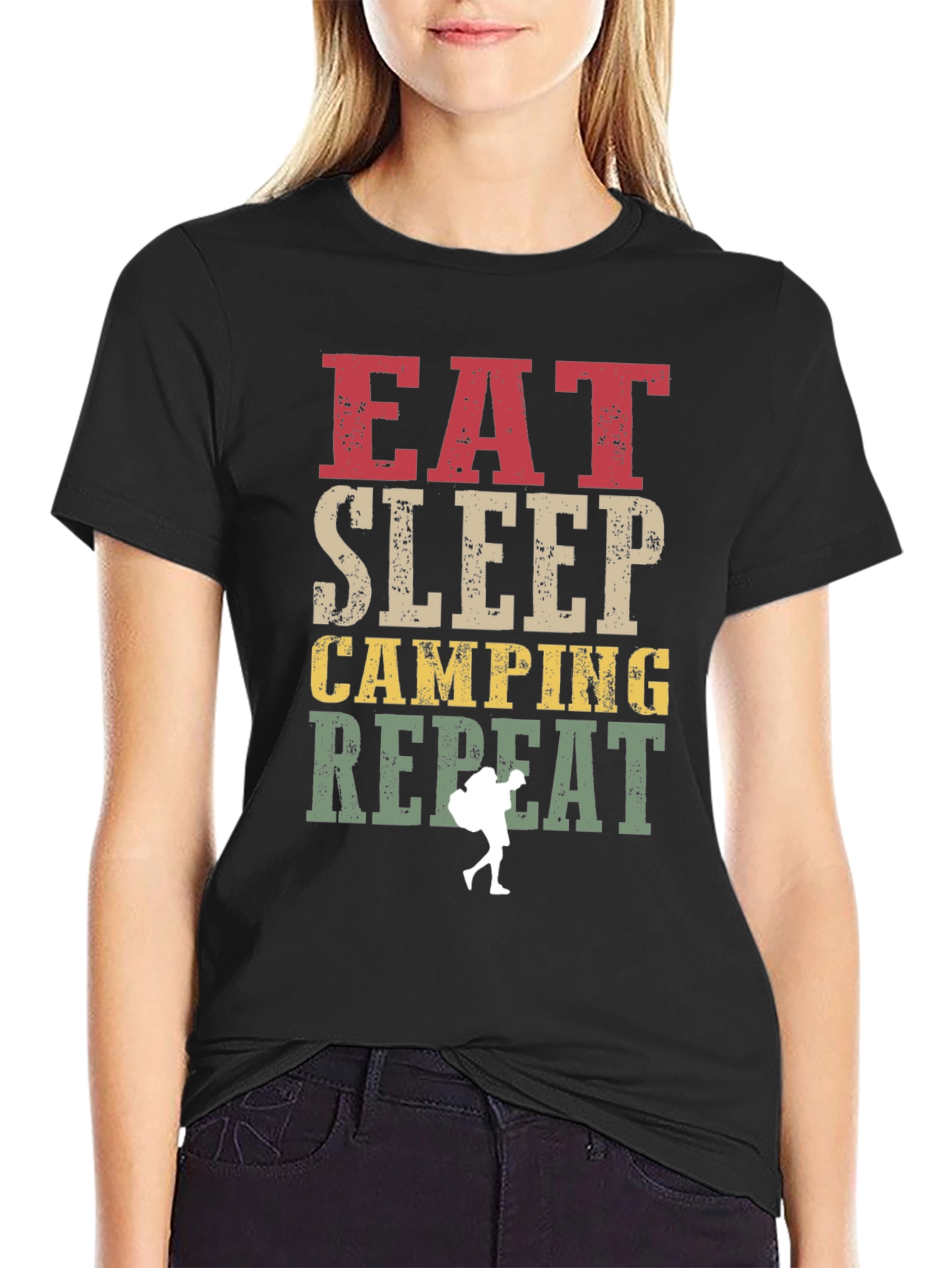 Eat Sleep Camping Repeat Black Graphic T-Shirt