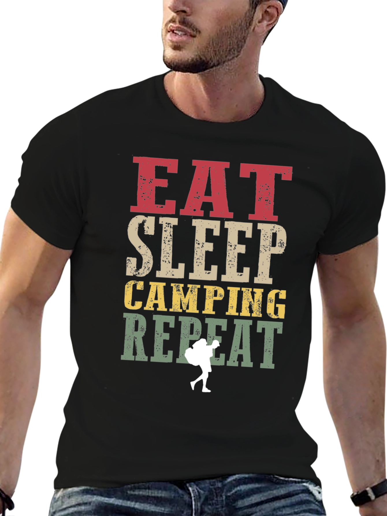 Eat Sleep Camping Repeat Black Graphic T-Shirt