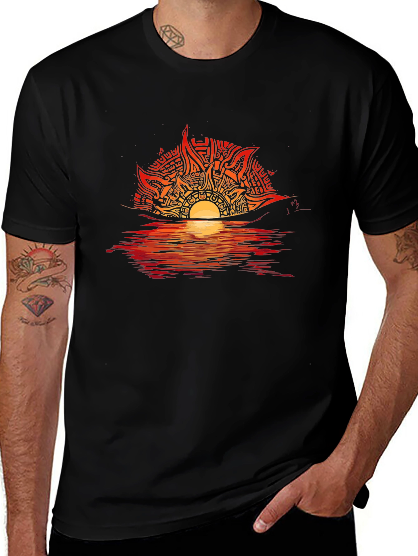 Sunset Graphic Tee - Unique Tribal Sun Design