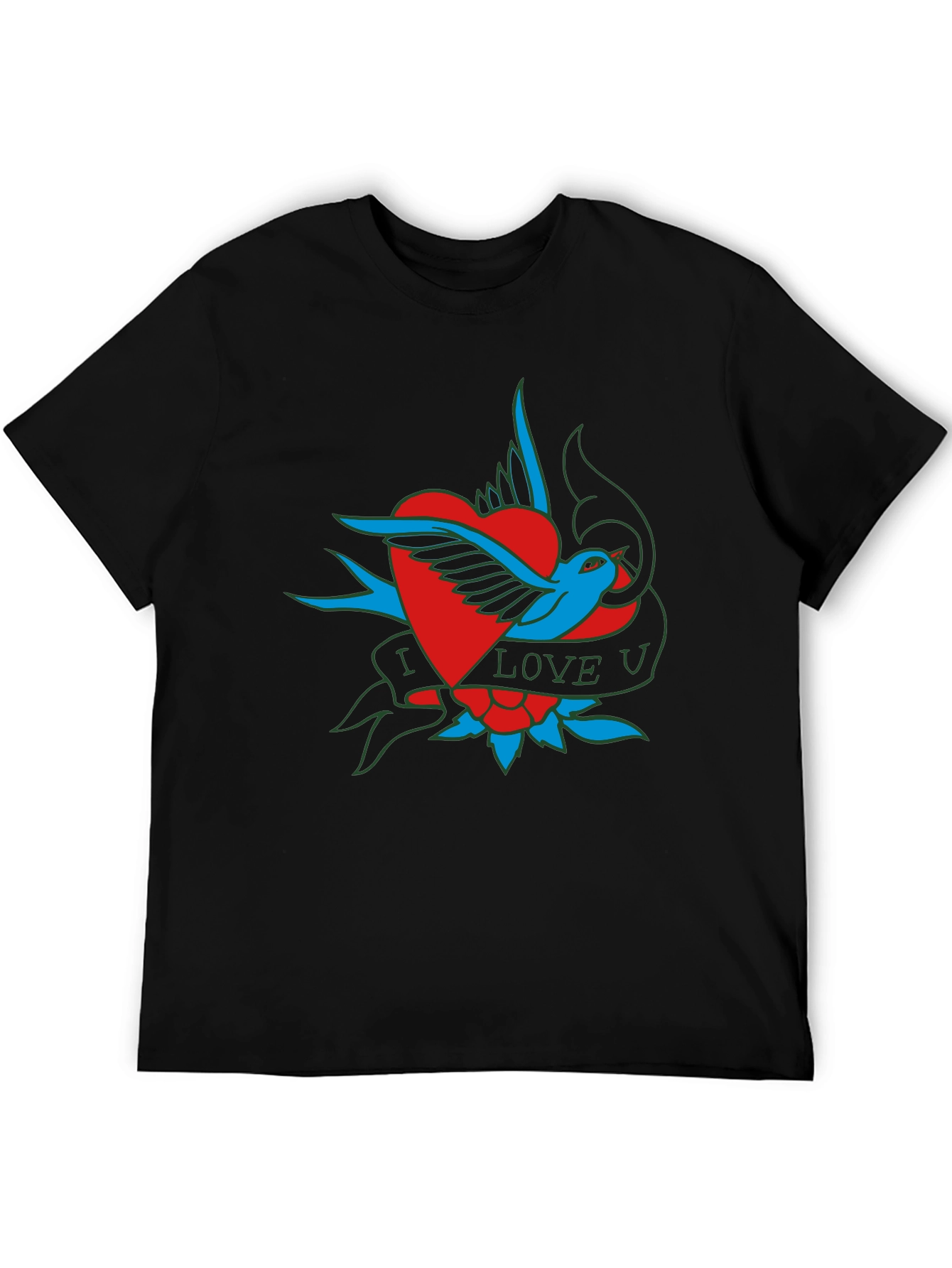 Black I Love U Bird Heart Graphic T-Shirt