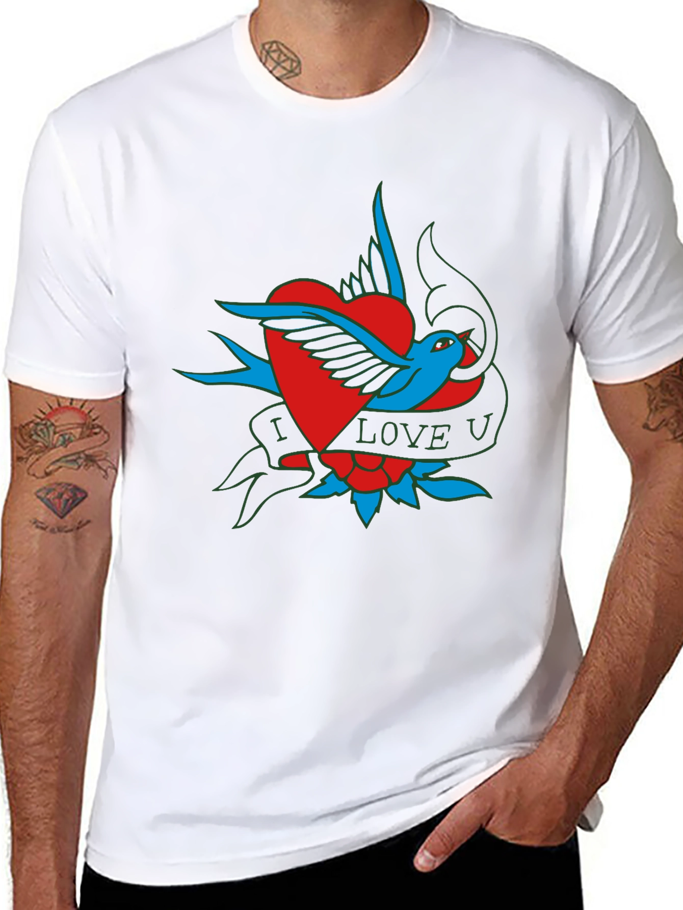 Black I Love U Bird Heart Graphic T-Shirt