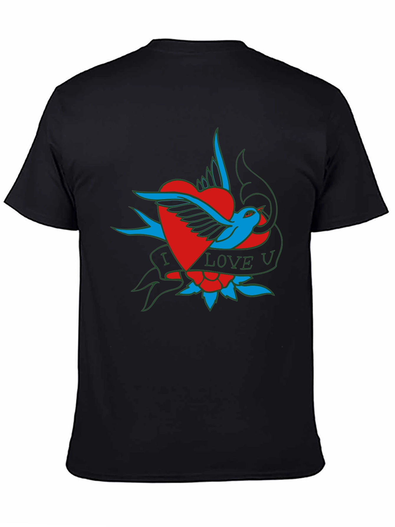 Black I Love U Bird Heart Graphic T-Shirt