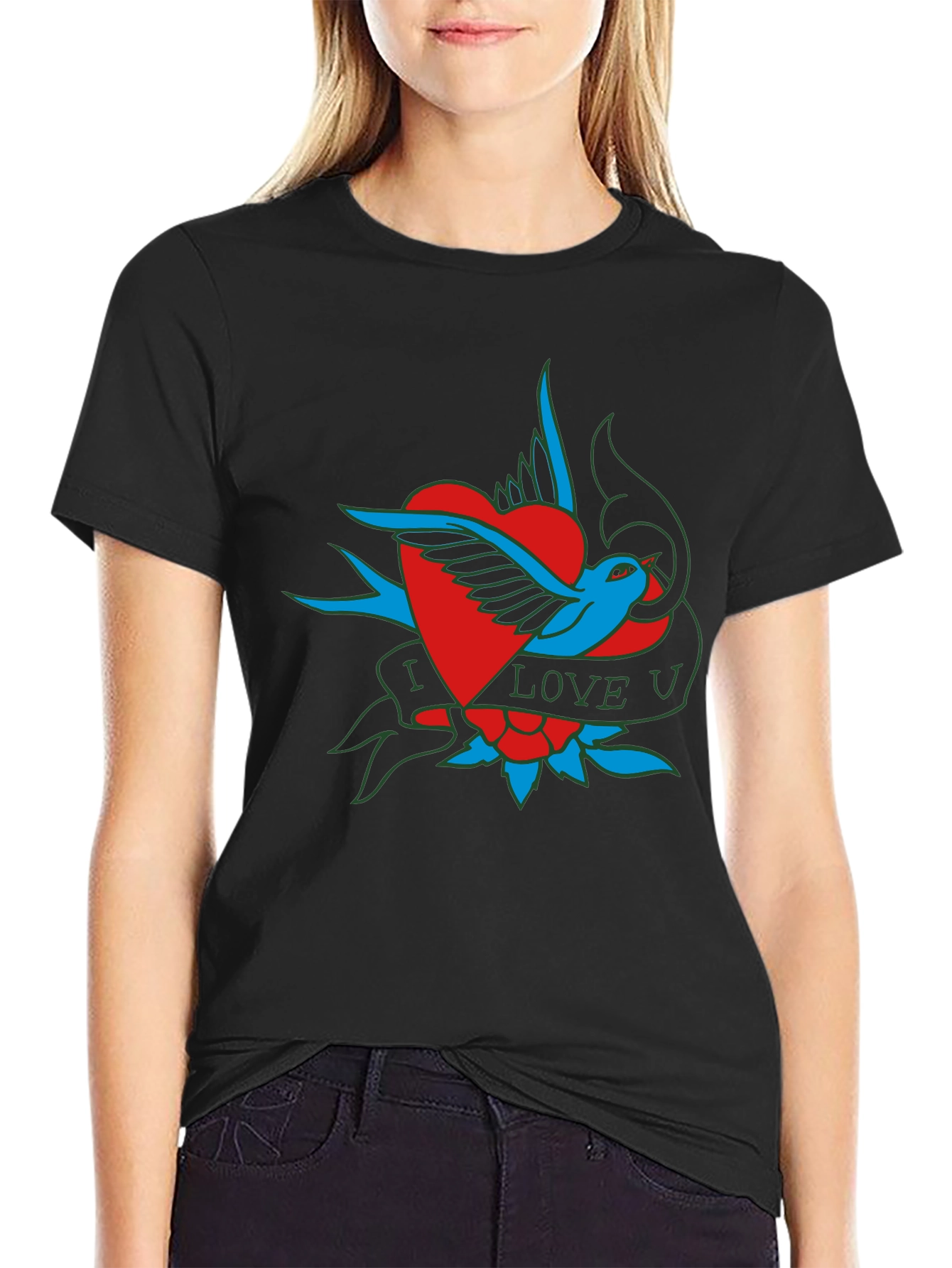 Black I Love U Bird Heart Graphic T-Shirt