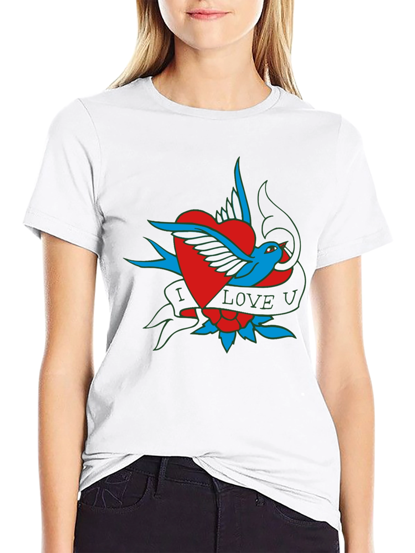 Black I Love U Bird Heart Graphic T-Shirt