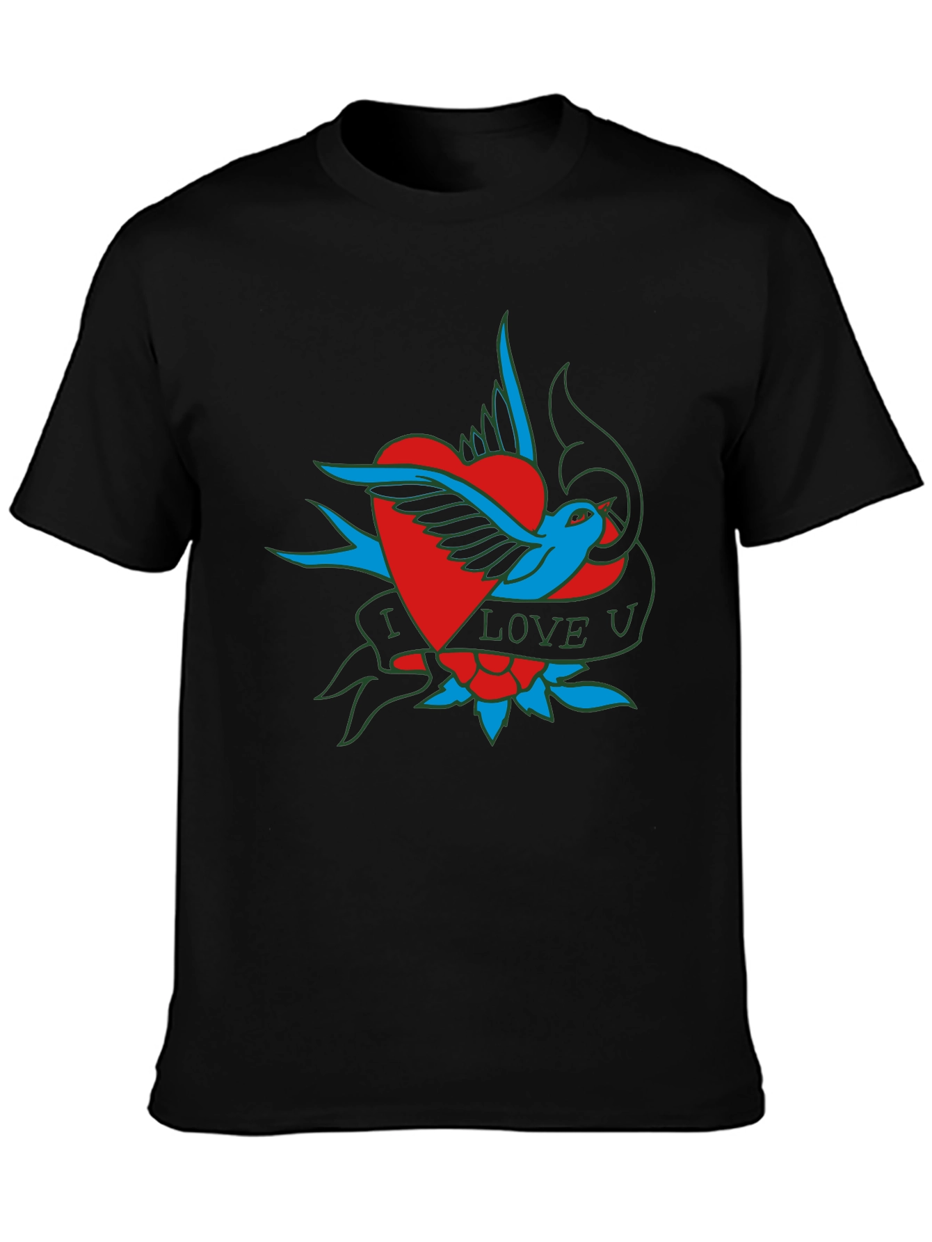 Black I Love U Bird Heart Graphic T-Shirt