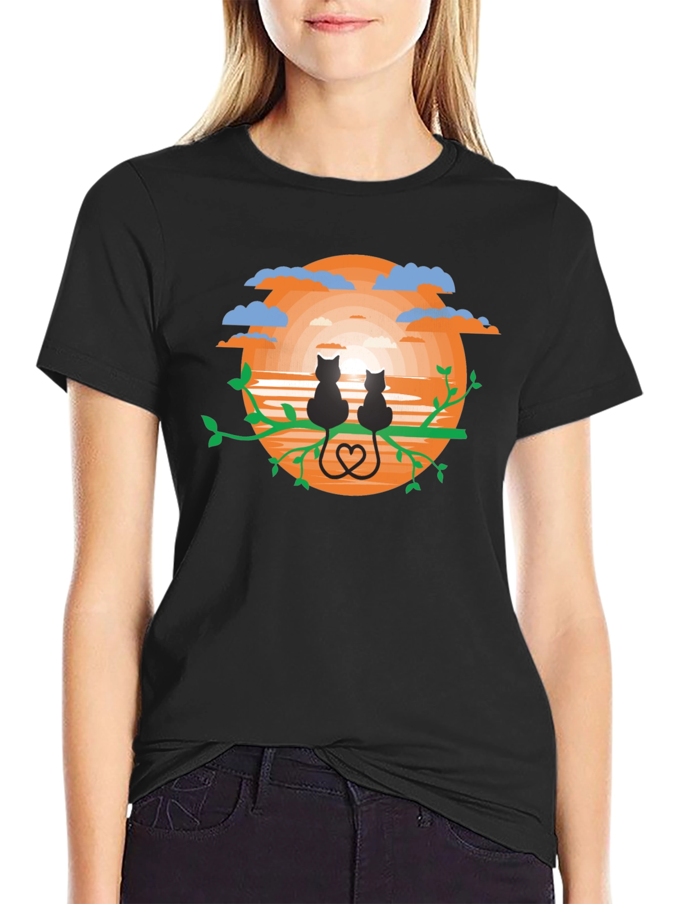 Sunset Cats Graphic Tee - Black Cotton Comfort