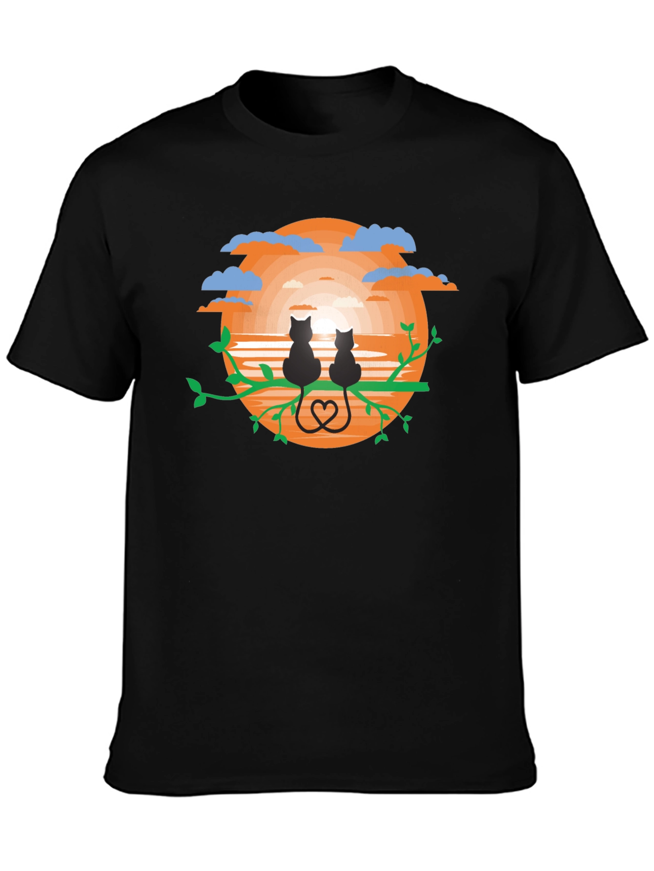 Sunset Cats Graphic Tee - Black Cotton Comfort