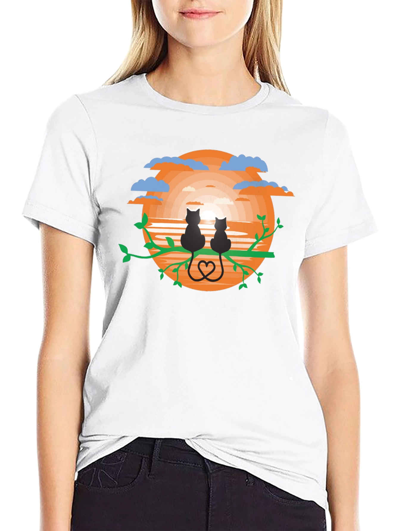 Sunset Cats Graphic Tee - Black Cotton Comfort