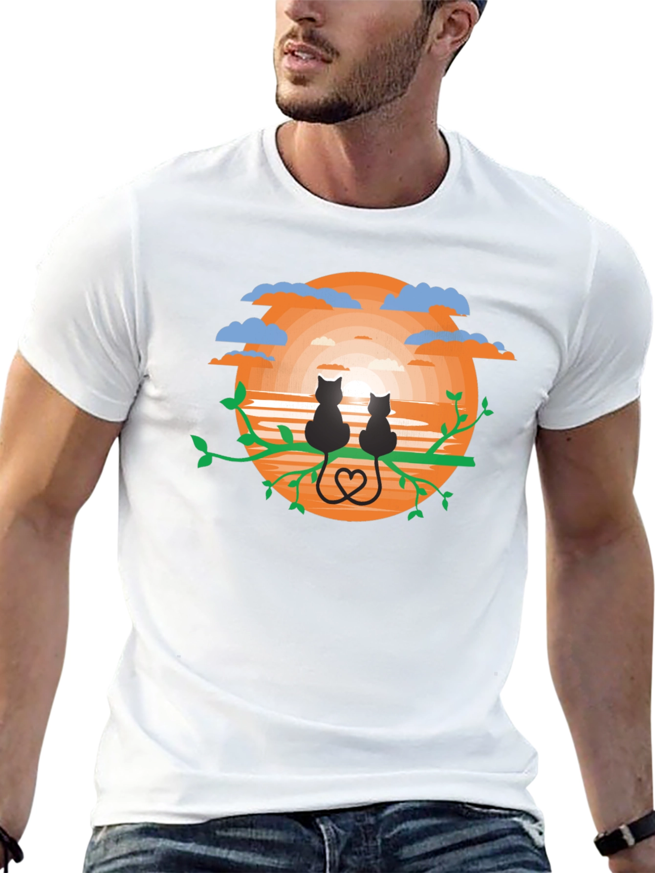 Sunset Cats Graphic Tee - Black Cotton Comfort