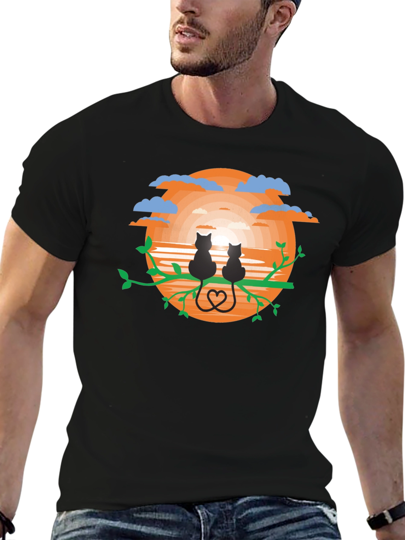 Sunset Cats Graphic Tee - Black Cotton Comfort