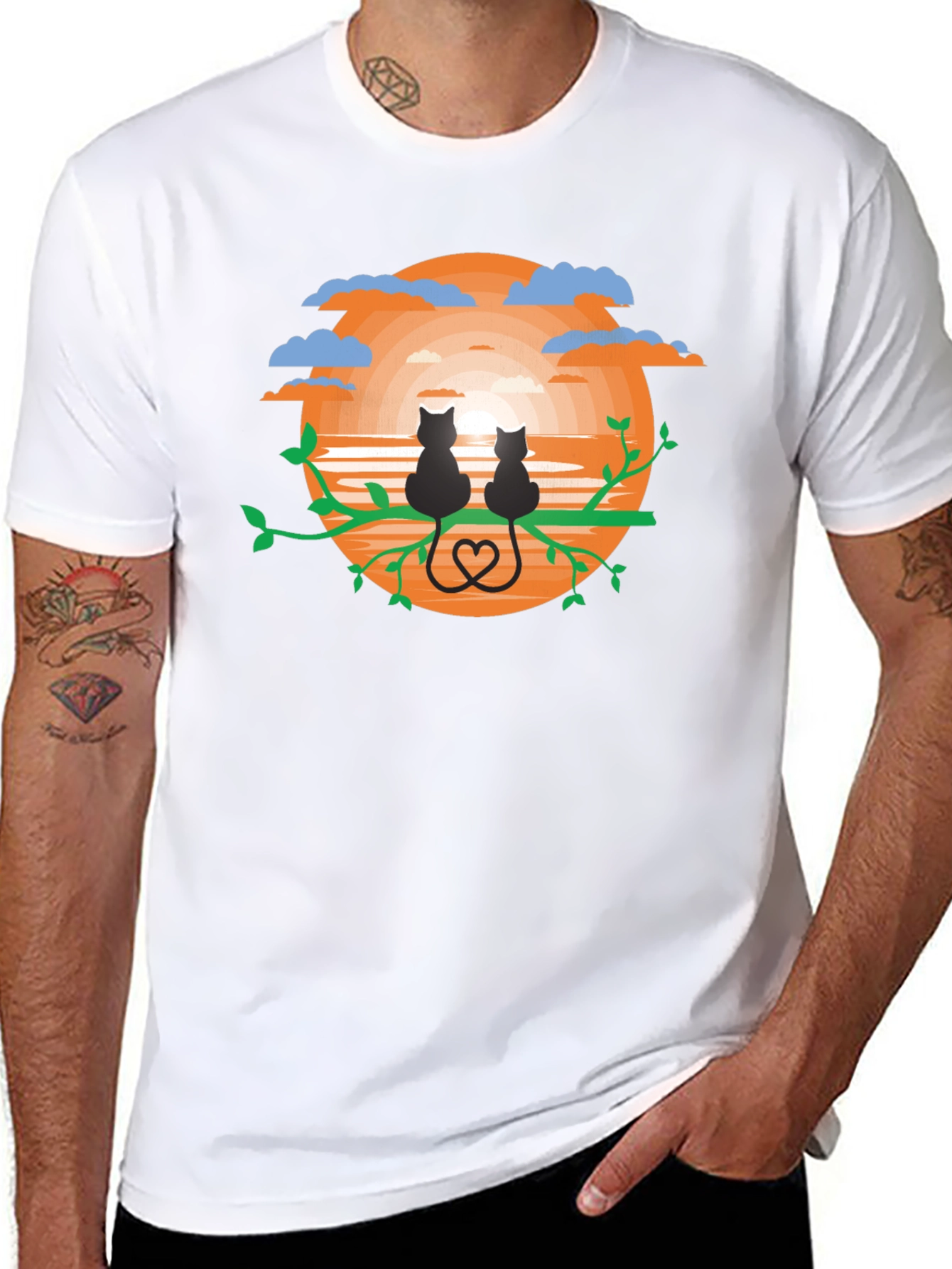 Sunset Cats Graphic Tee - Black Cotton Comfort