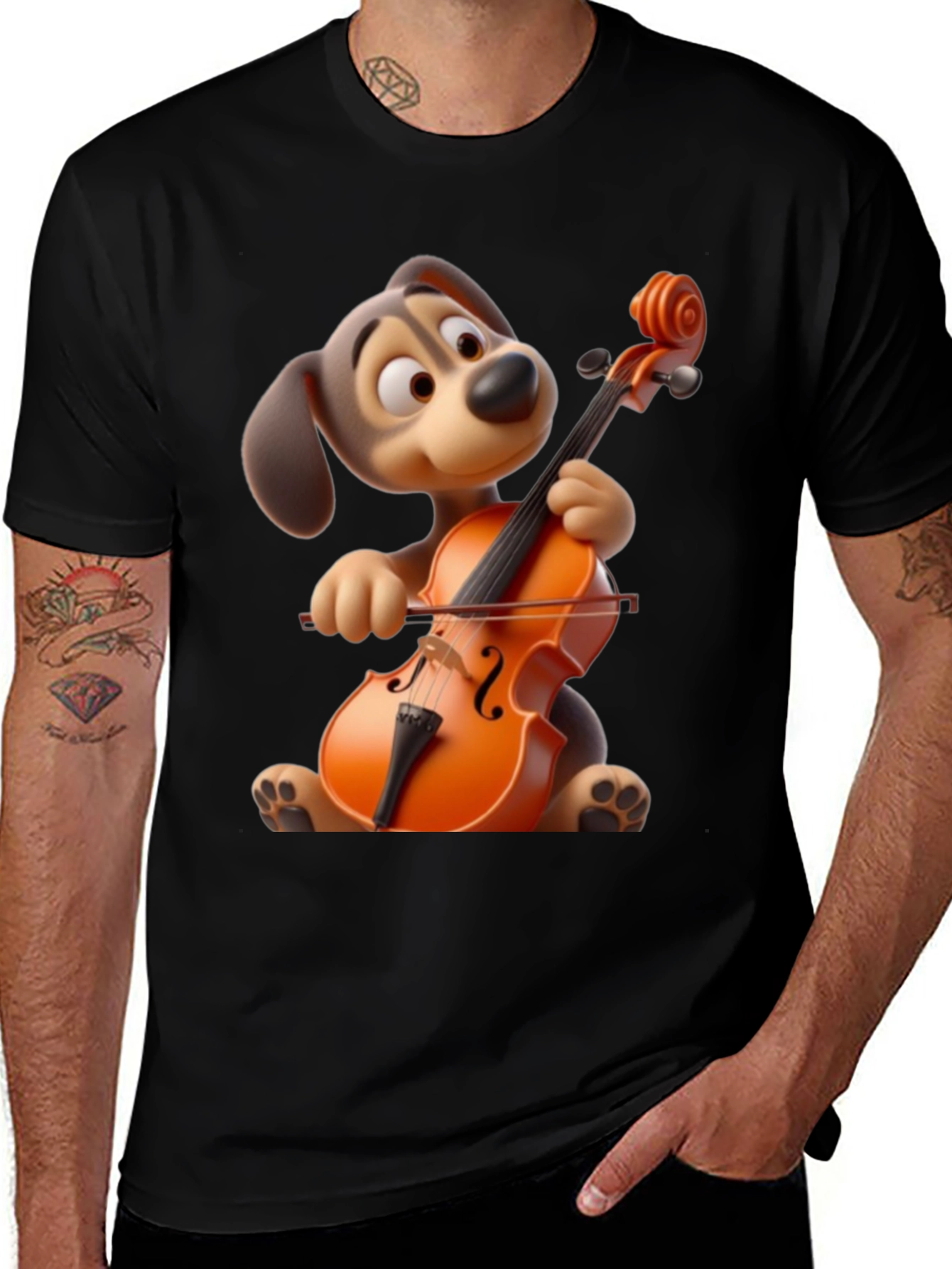 Dog Playing Cello Graphic Tee - Cartoon Style