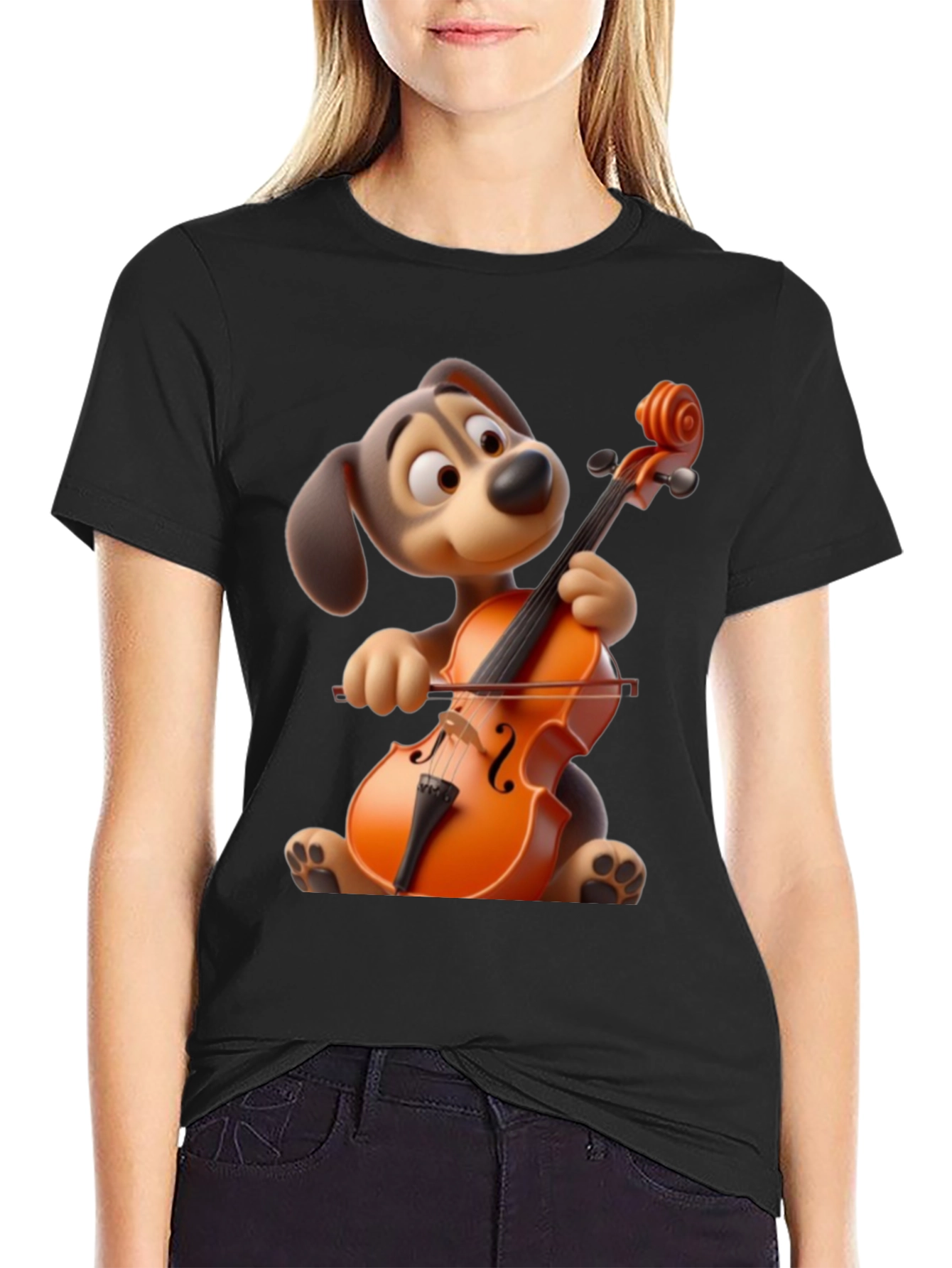 Dog Playing Cello Graphic Tee - Cartoon Style
