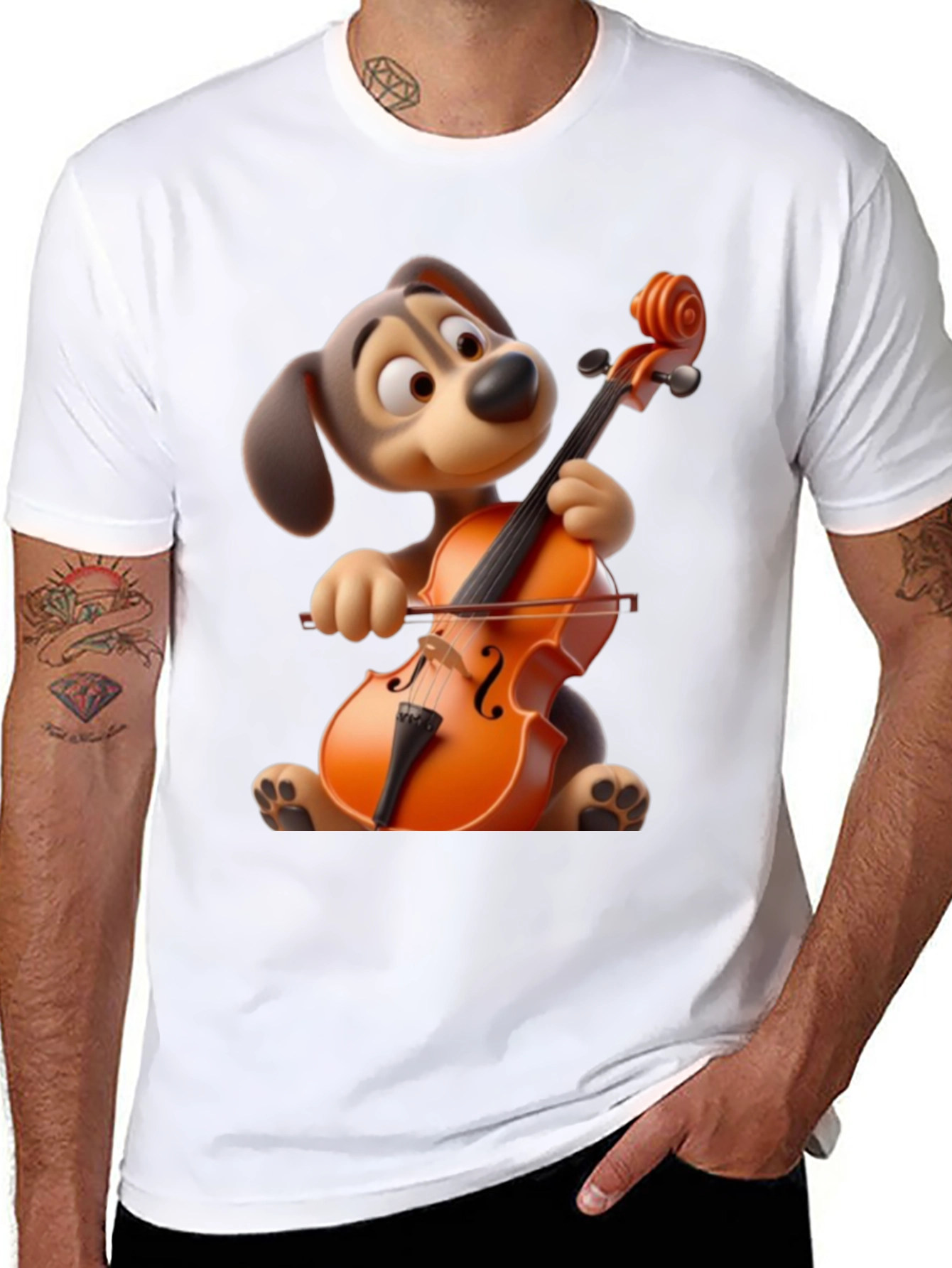 Dog Playing Cello Graphic Tee - Cartoon Style