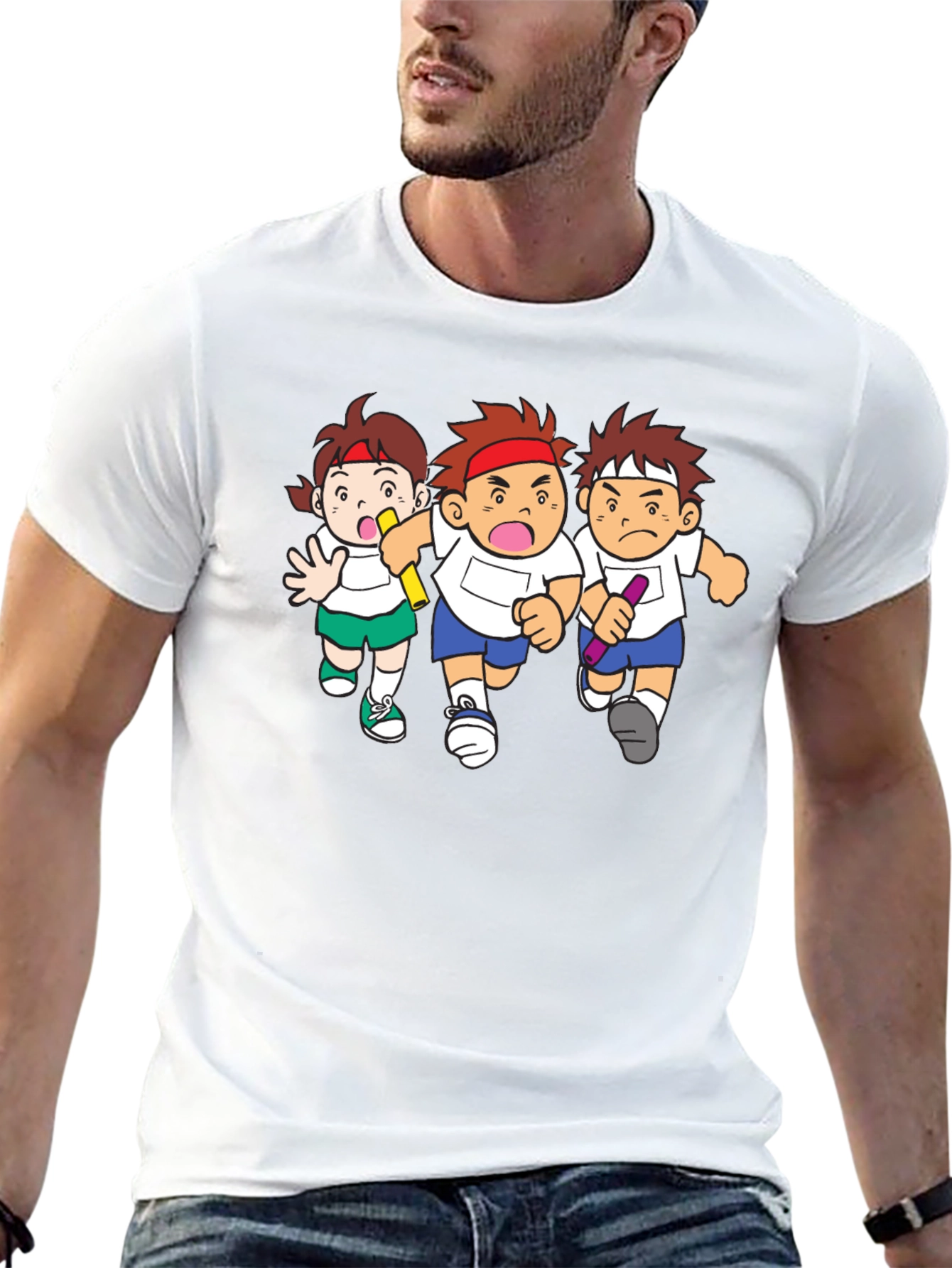 Relay Race T-Shirt - Cartoon Athlete Print
