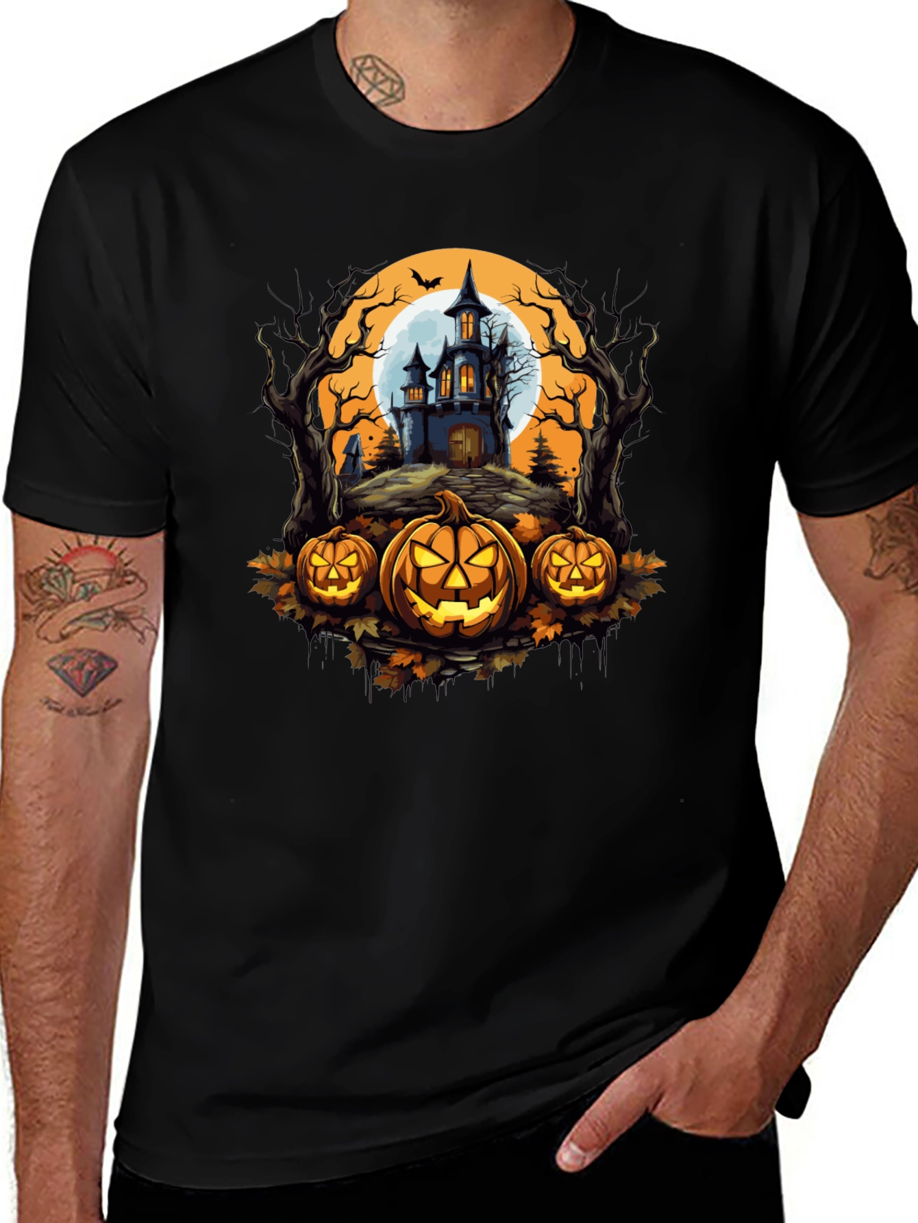 Spooky Halloween T-Shirt: Haunted House & Jack-o-Lanterns