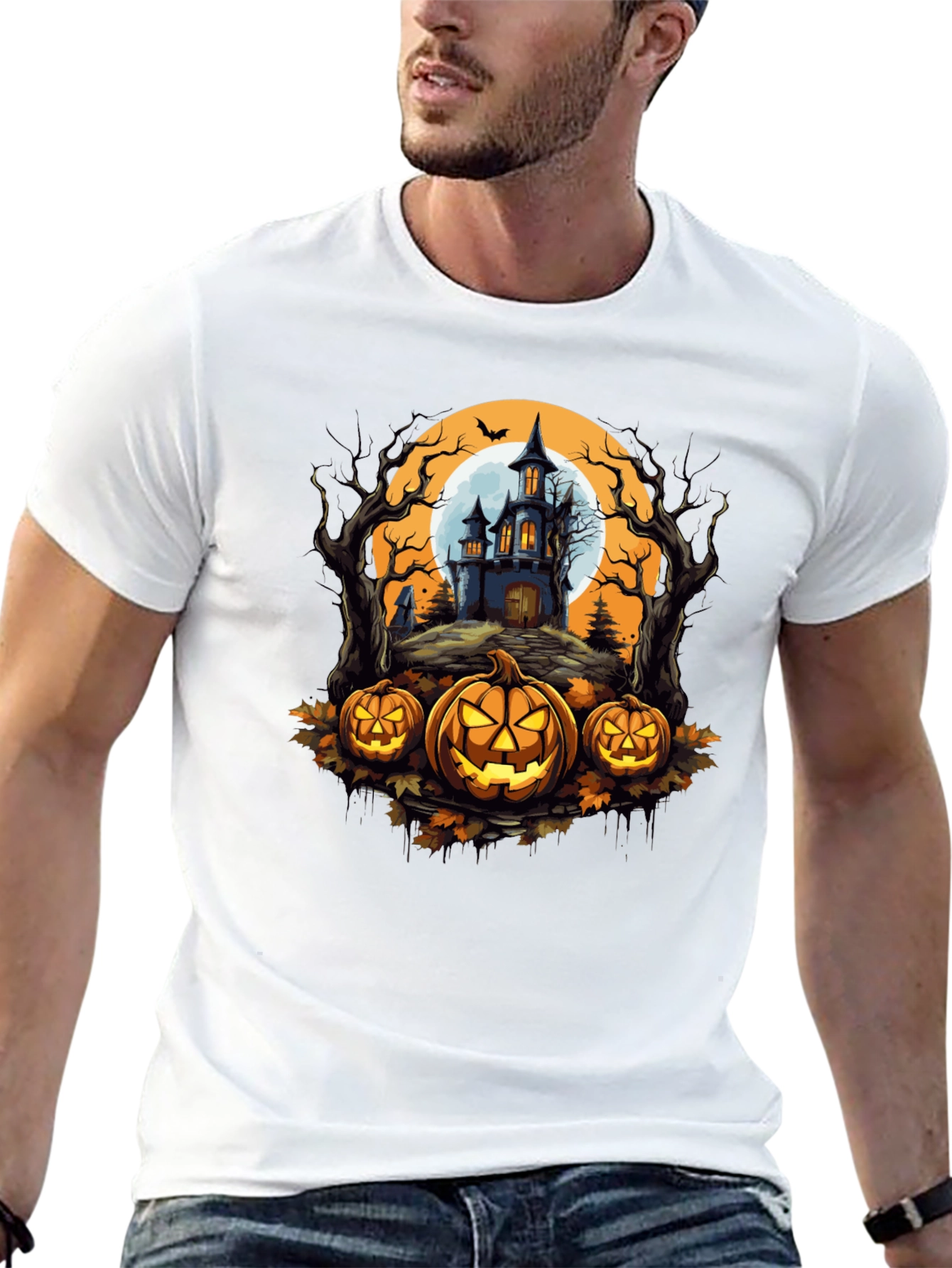 Spooky Halloween T-Shirt: Haunted House & Jack-o-Lanterns
