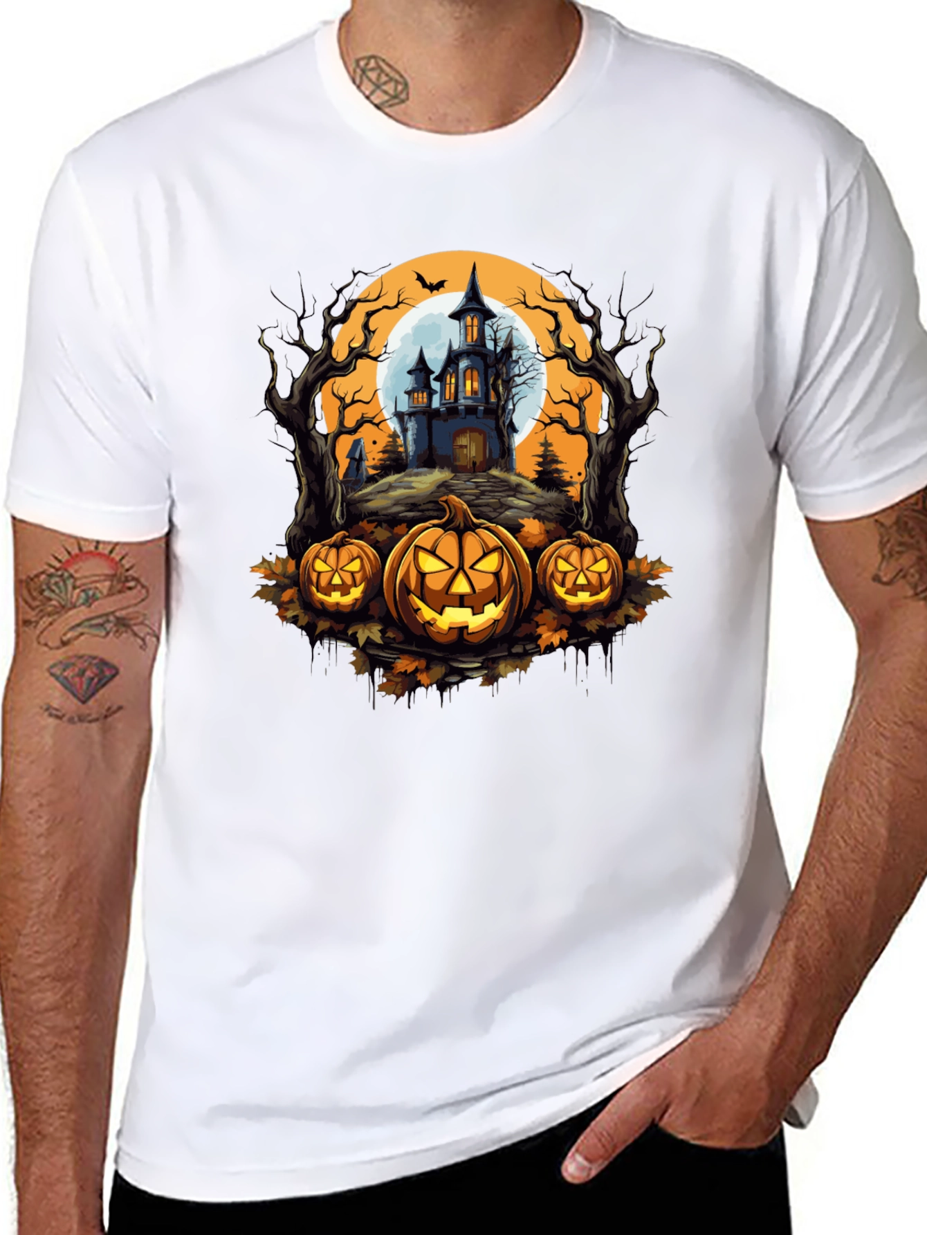 Spooky Halloween T-Shirt: Haunted House & Jack-o-Lanterns
