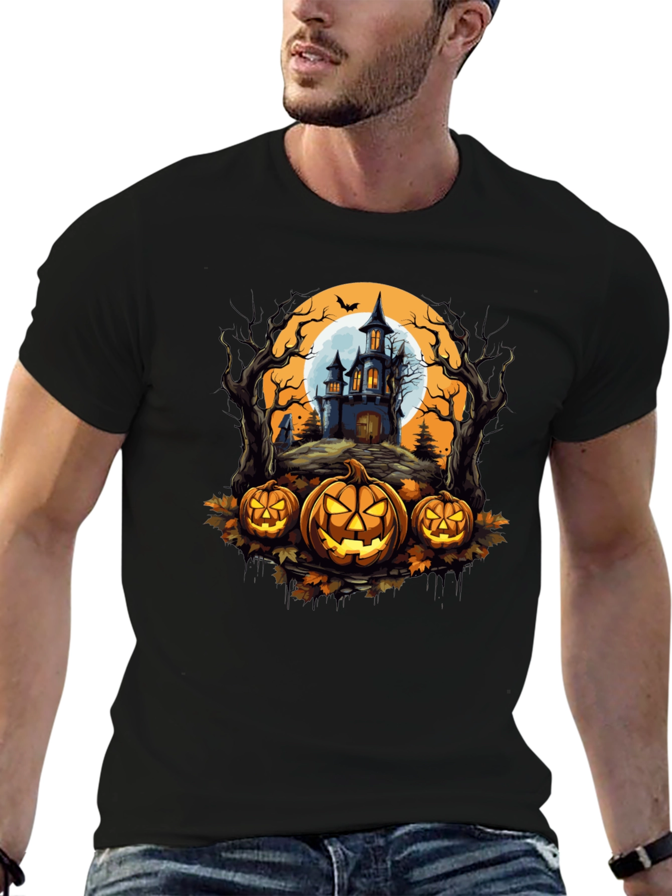 Spooky Halloween T-Shirt: Haunted House & Jack-o-Lanterns