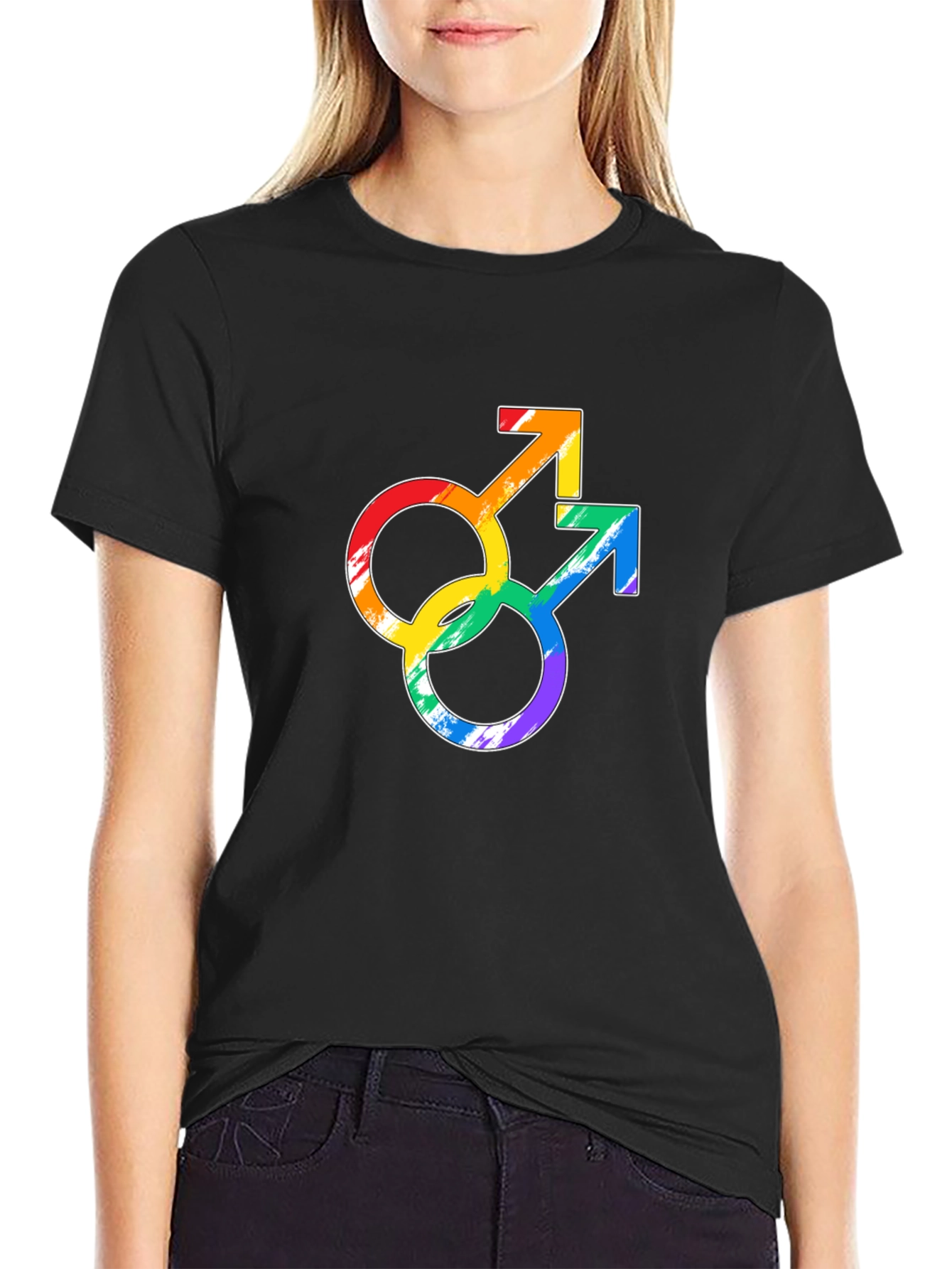 Rainbow Gay Pride Double Mars Symbol Black T-Shirt