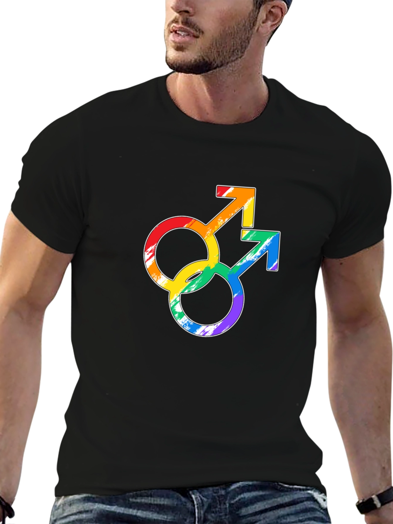 Rainbow Gay Pride Double Mars Symbol Black T-Shirt