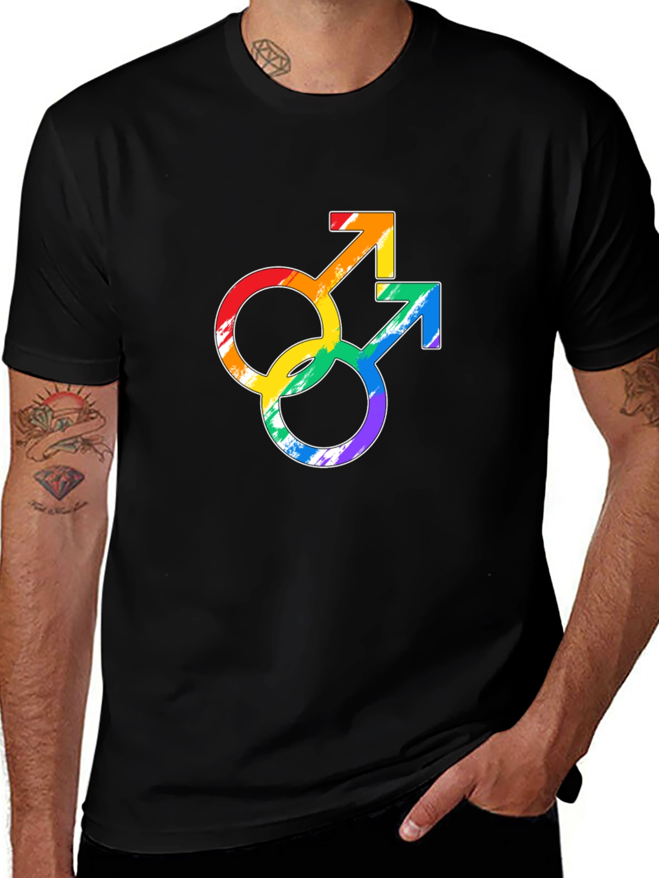 Rainbow Gay Pride Double Mars Symbol Black T-Shirt