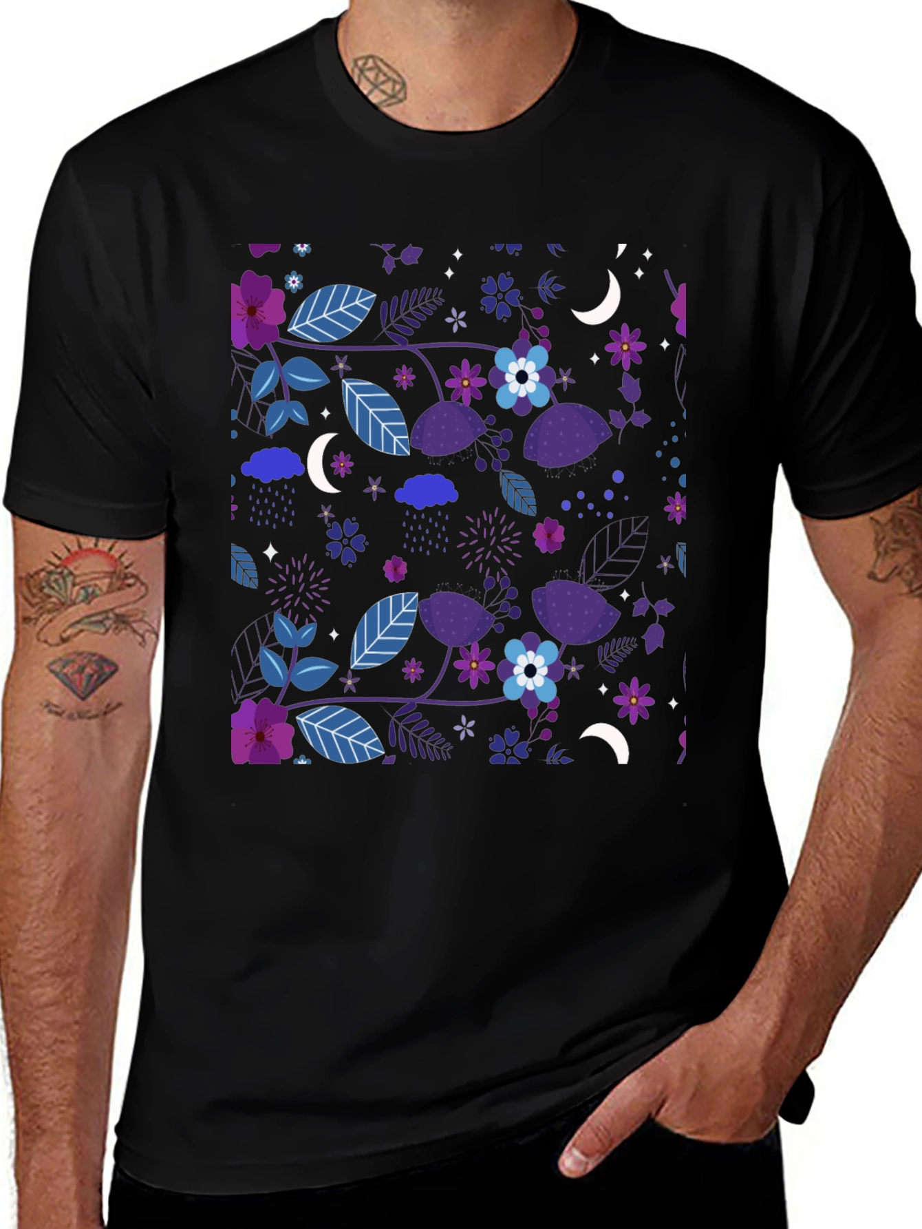 Floral Moon Mens Black Graphic Tee