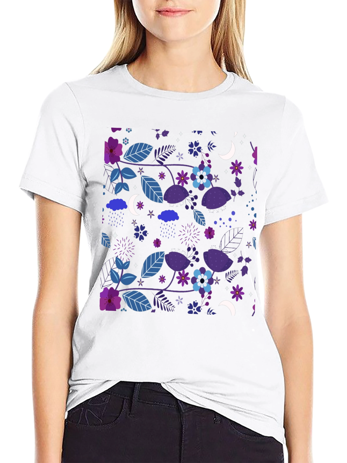 Floral Moon Mens Black Graphic Tee