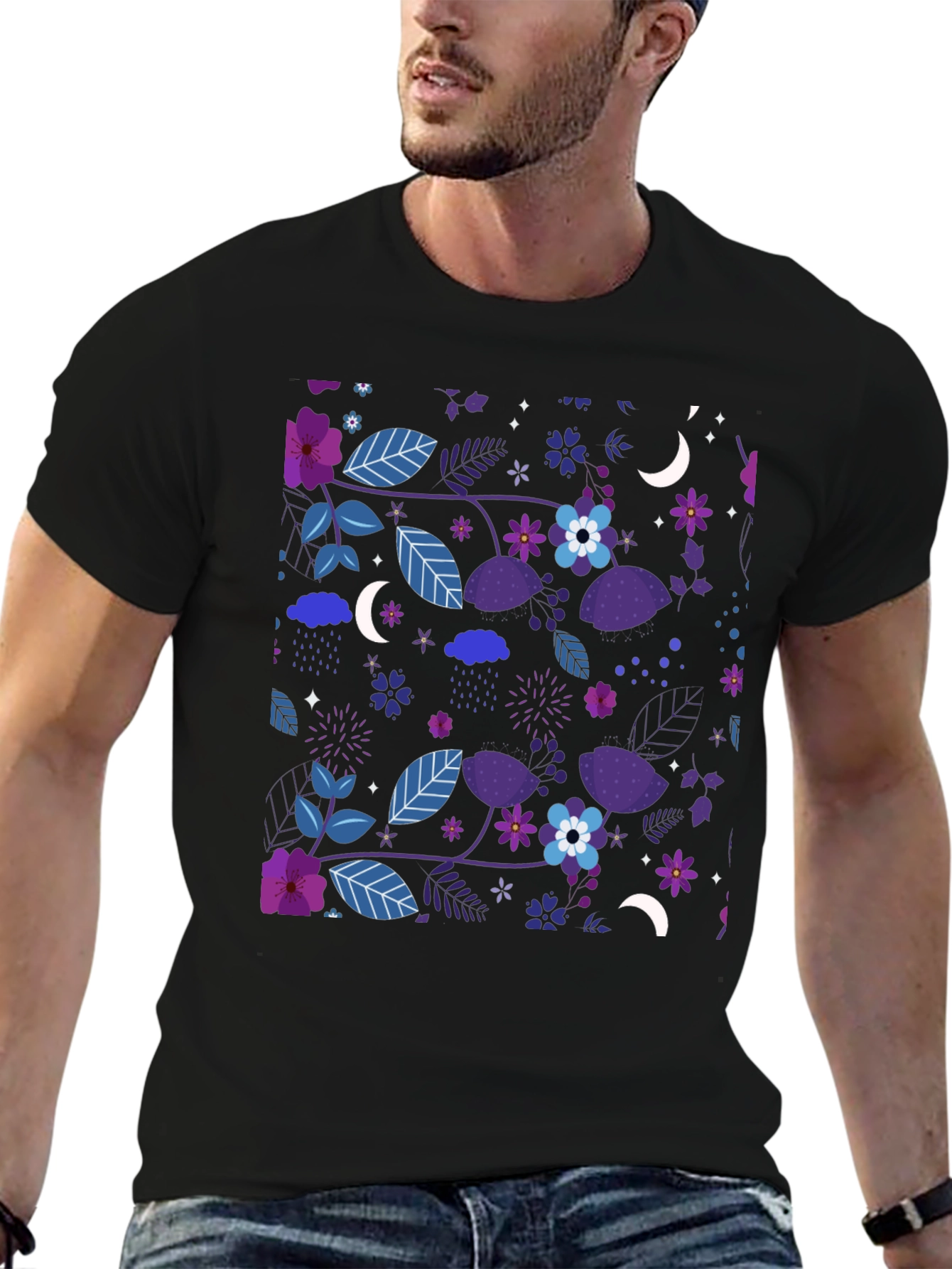 Floral Moon Mens Black Graphic Tee