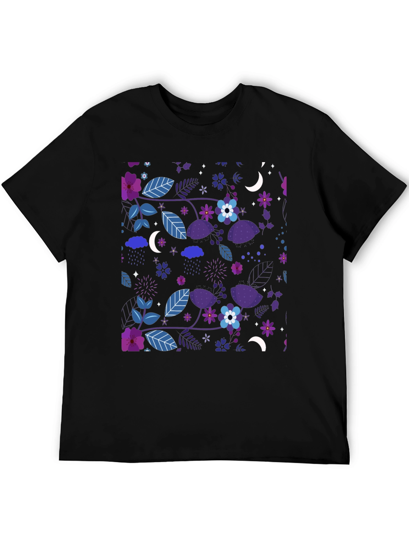 Floral Moon Mens Black Graphic Tee