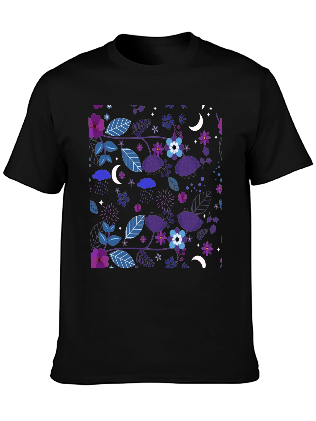 Floral Moon Mens Black Graphic Tee
