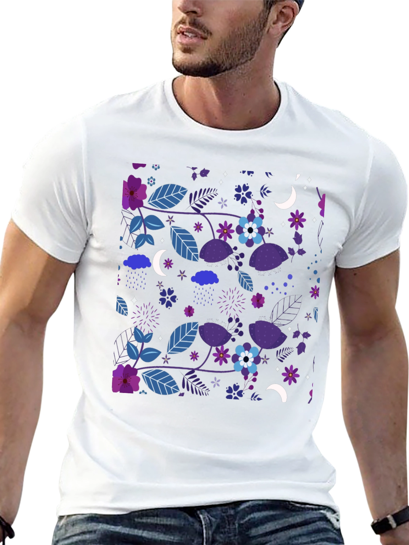 Floral Moon Mens Black Graphic Tee